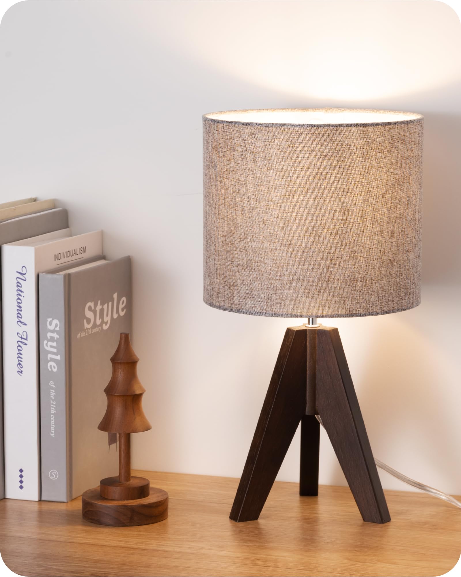 EDISHINE Boho Small Table Lamp, Walnut Color Wooden Tripod Bedside Lamp, Farmhouse Nightstand Lamp for Nursery, Bedroom, Office,