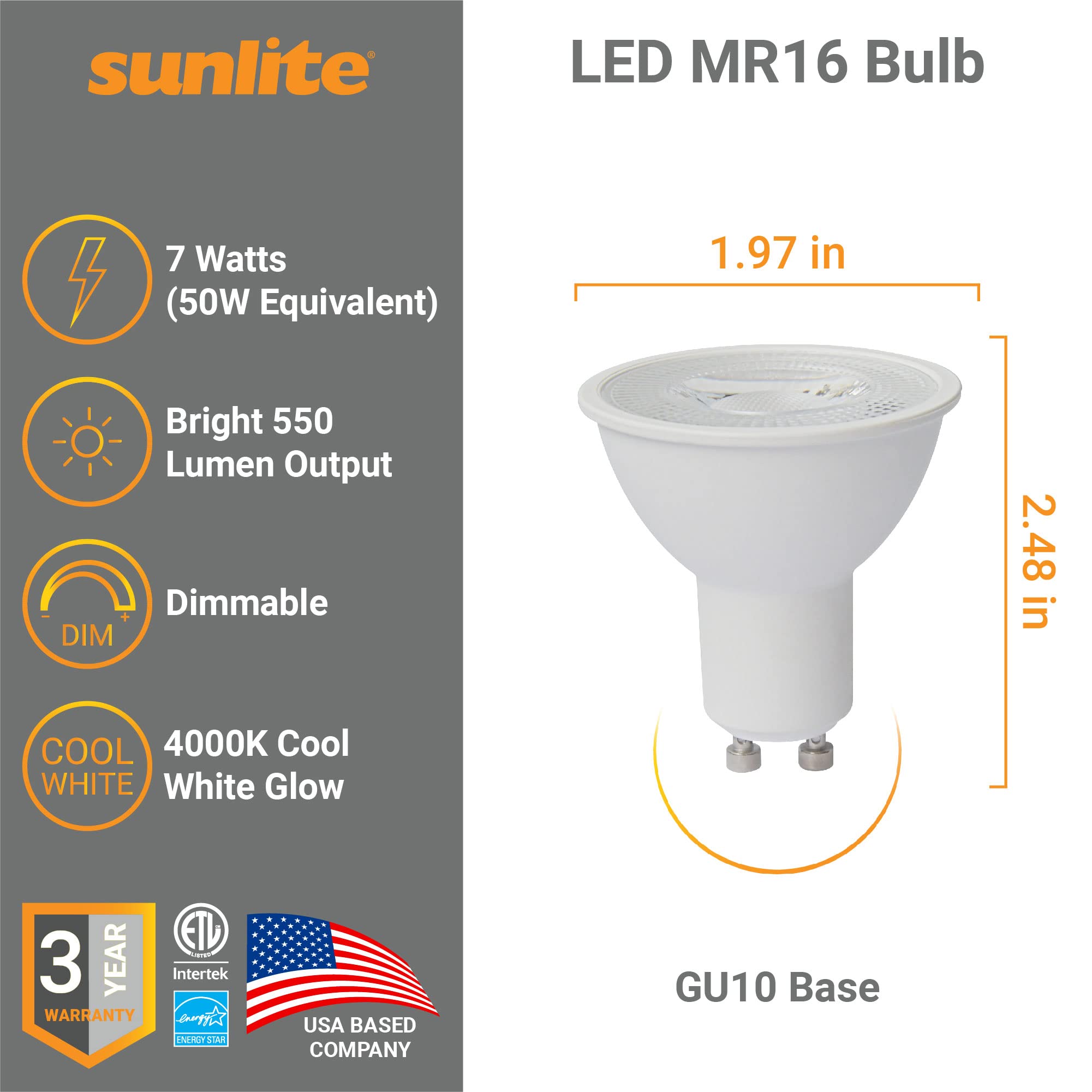 Sunlite 41654 LED MR16 Reflector Spotlight Bulb, 7 Watts (50W Halogen Bulb Replacement) 120 Volt, 550 Lumen, 35 Flood Beam, GU10
