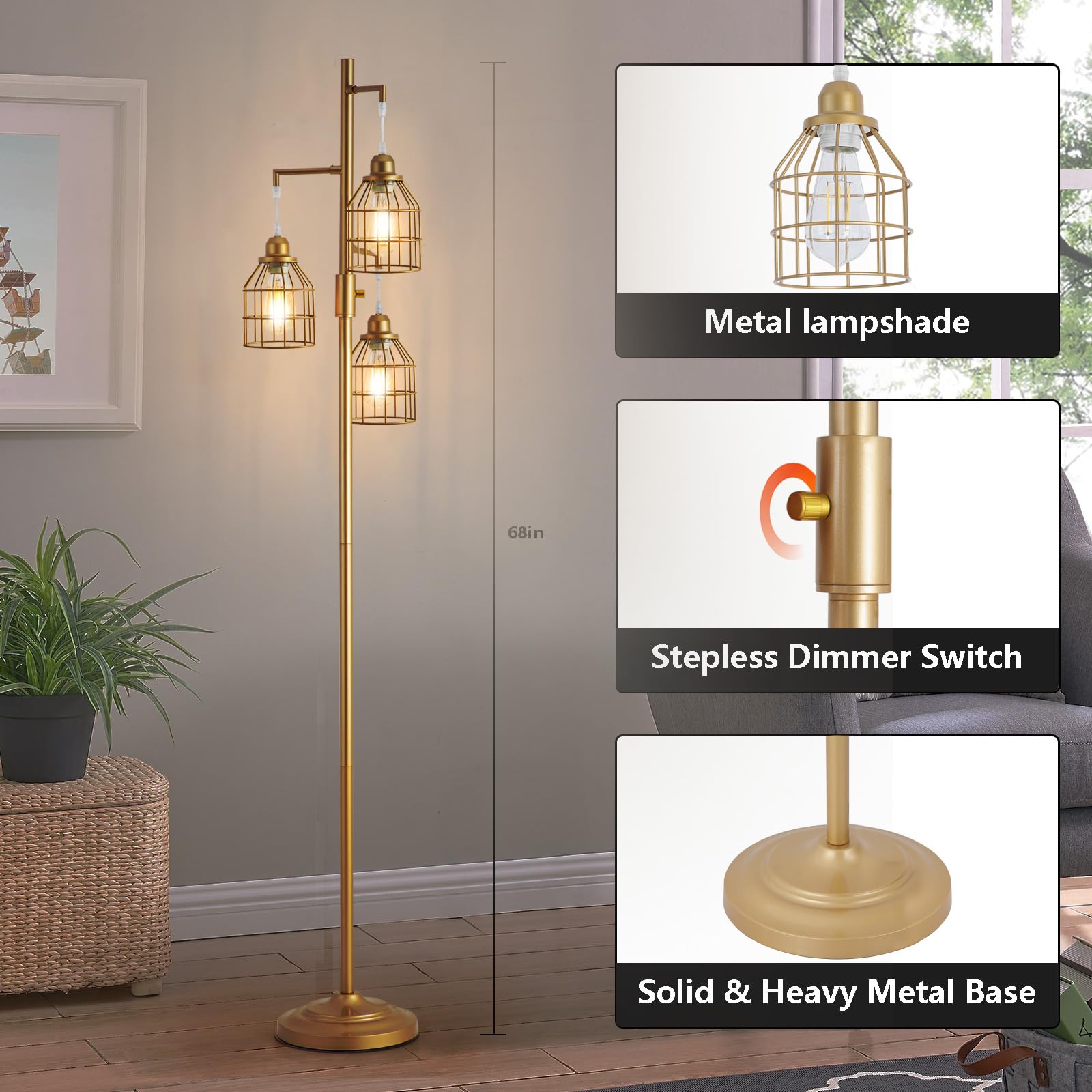 9Mmml Golden Dimmable Floor Lamp,Industrial Gold Farmhouse Tall Standing Lamp For Living Room, Bedroom Office,3 Teardrop Cage La