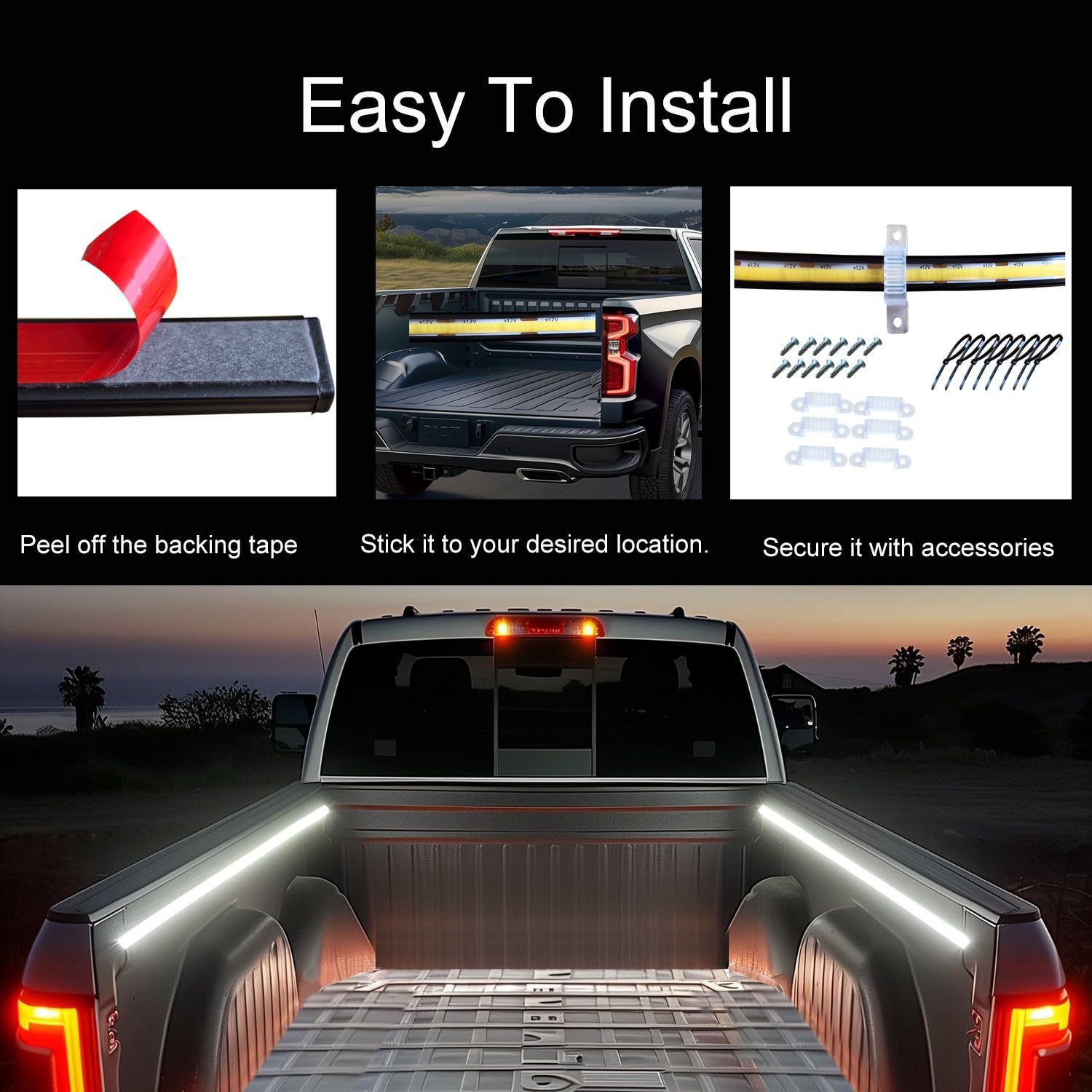 AUTUNEER 60Inch Truck Bed Lights, 2Pcs COB LED Light Strip, Waterproof, 12V, White Light, Model YHH-COB-2PCS