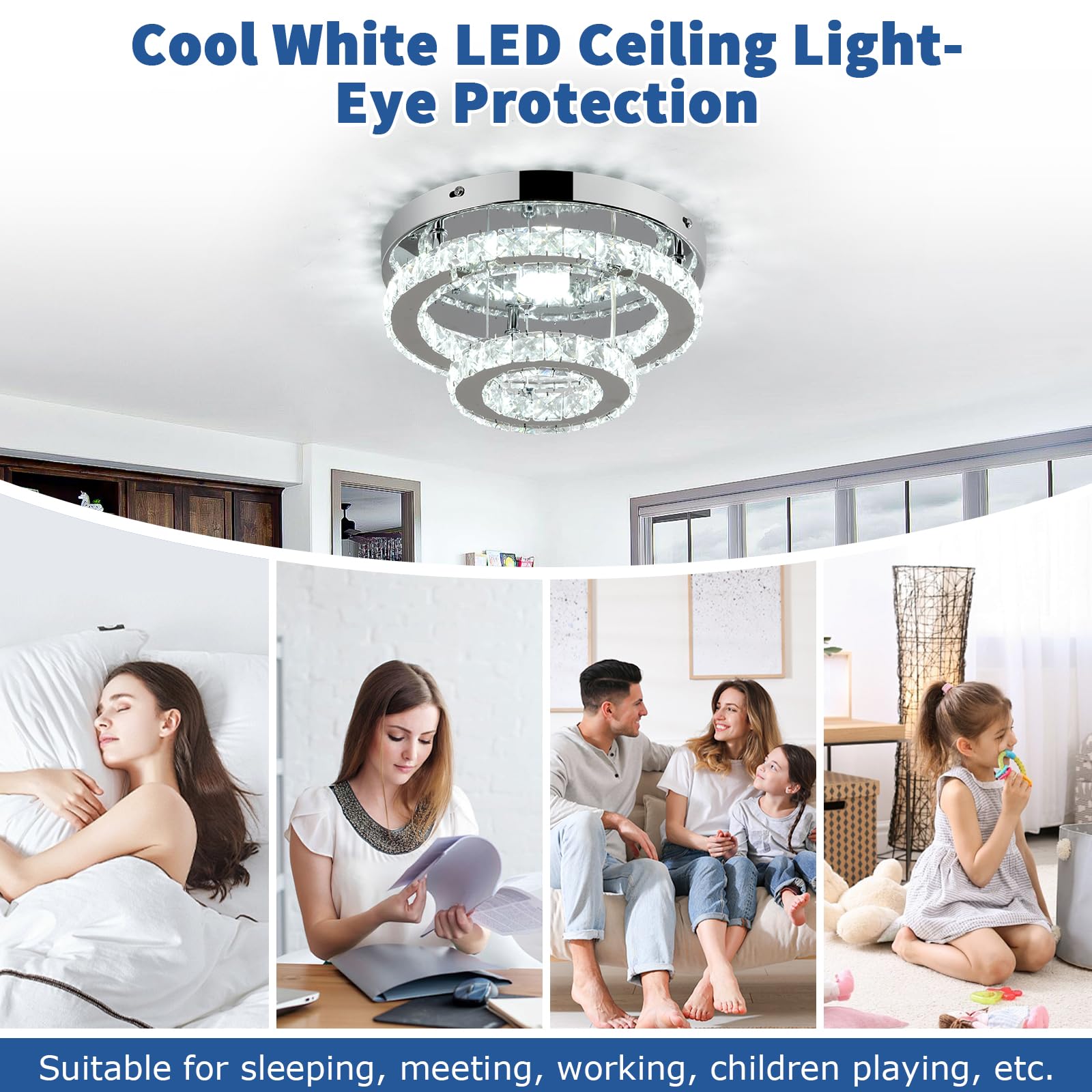 Rheafon Modern Crystal Chandelier 2-Layer Round Crystal Led Ceiling Light Fixture Flush Mount Chandelier Light With Crystals For