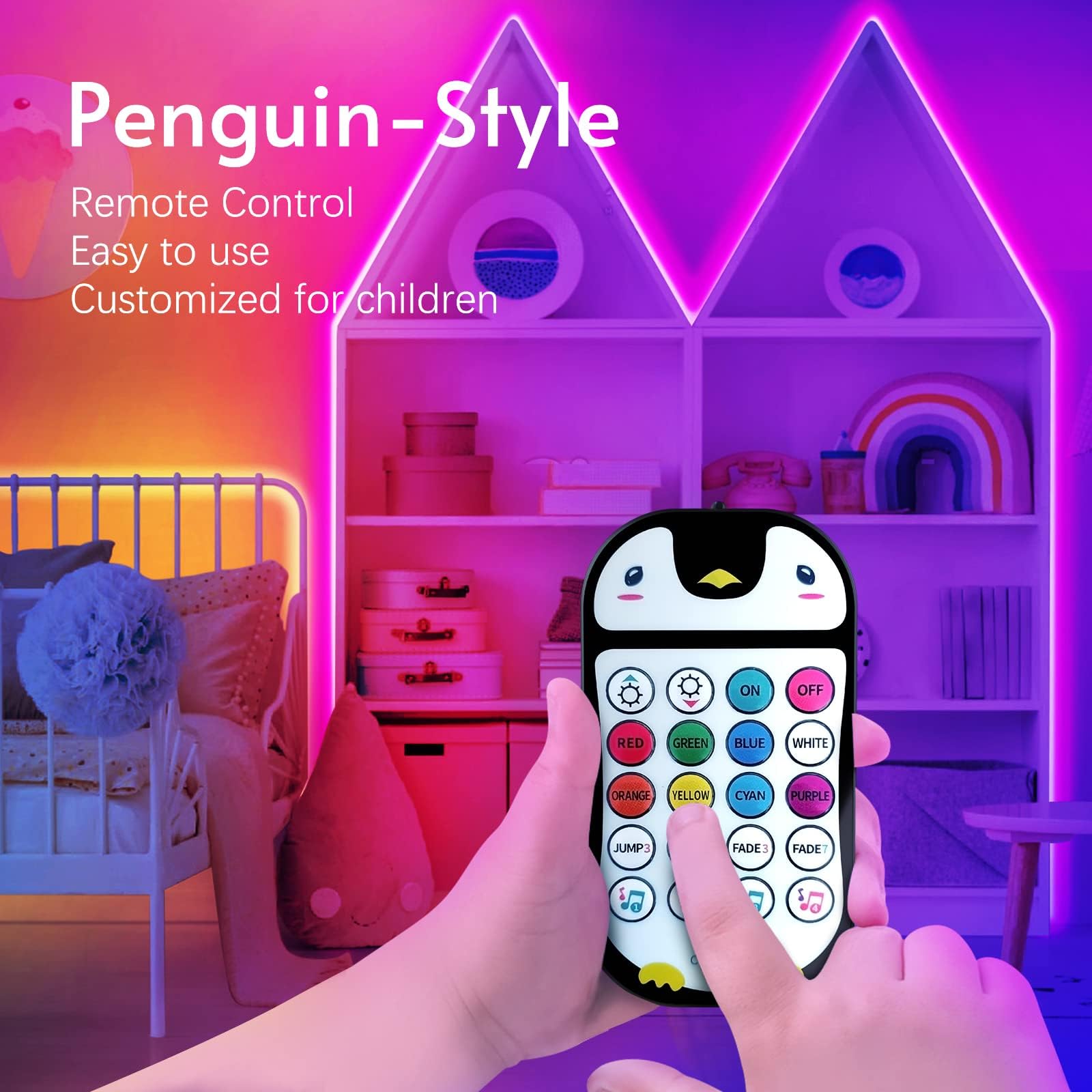 100Ft Kids Bluetooth Led Strip Lights, Music Sync Led Light Strip Rgb Color Changing Lighting With Penguin Style Remote, App Con