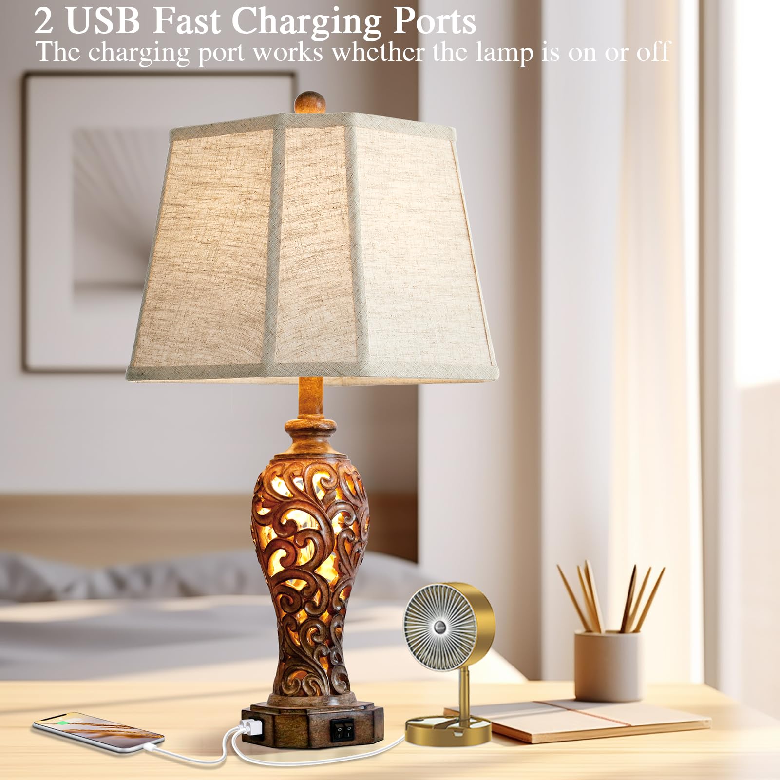 Set Of 2 Rustic Table Lamps For Living Room Bedroom, 2 Usb Ports 25'' Vintage Farmhouse Desk Lamp With Nightlight, Brown Hollow