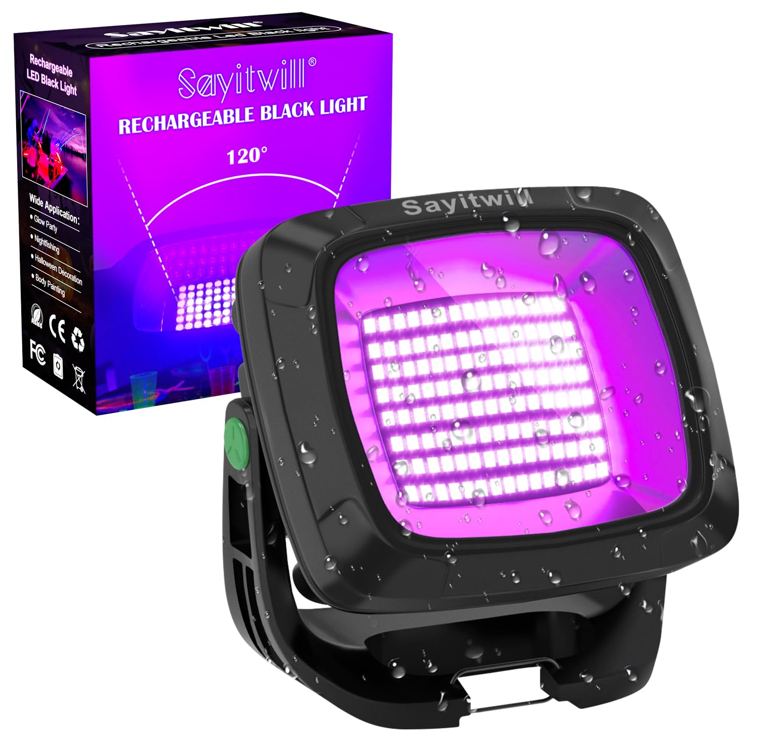Sayitwill Rechargeable Black Light, 6000mAh Battery, 395nm Portable UV Flood Light, Cordless for Glow Parties, Black, Model CXH-WL-A-30W