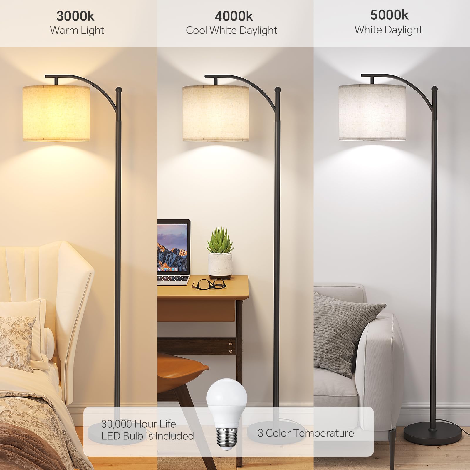 SUNMORY Arc Floor Lamp - Modern Metal Standing Lamp with 9W 3-Color Bulb, Adjustable Shade, Black, Model MF18166A