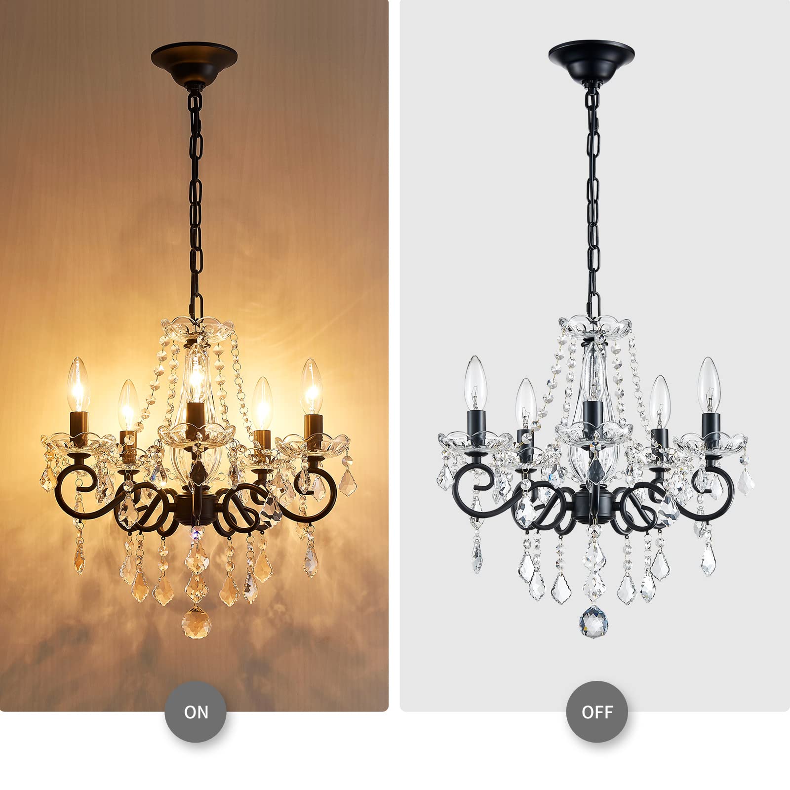 ANJIADENGSHI Small Crystal Chandelier, Black Modern Light Fixture, 16.5"H x 17"W, Mini Pendant for Dining Room, Bedroom, Kitchen