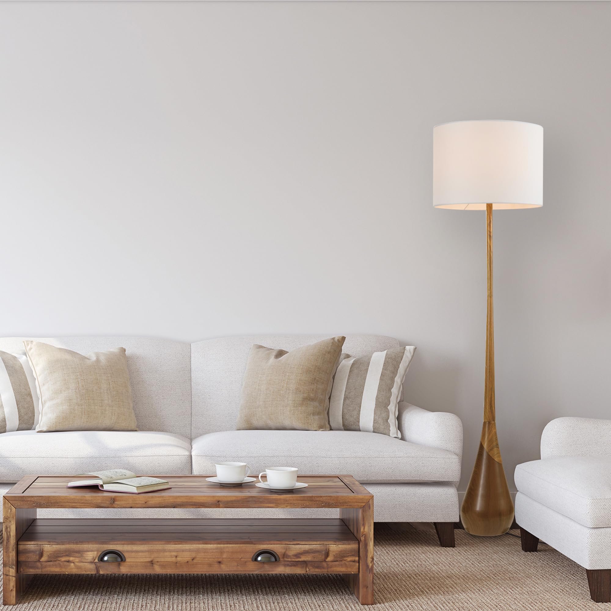 Globe Electric 65in Floor Lamp, Faux Wood Base, White Fabric Shade, Model 67225