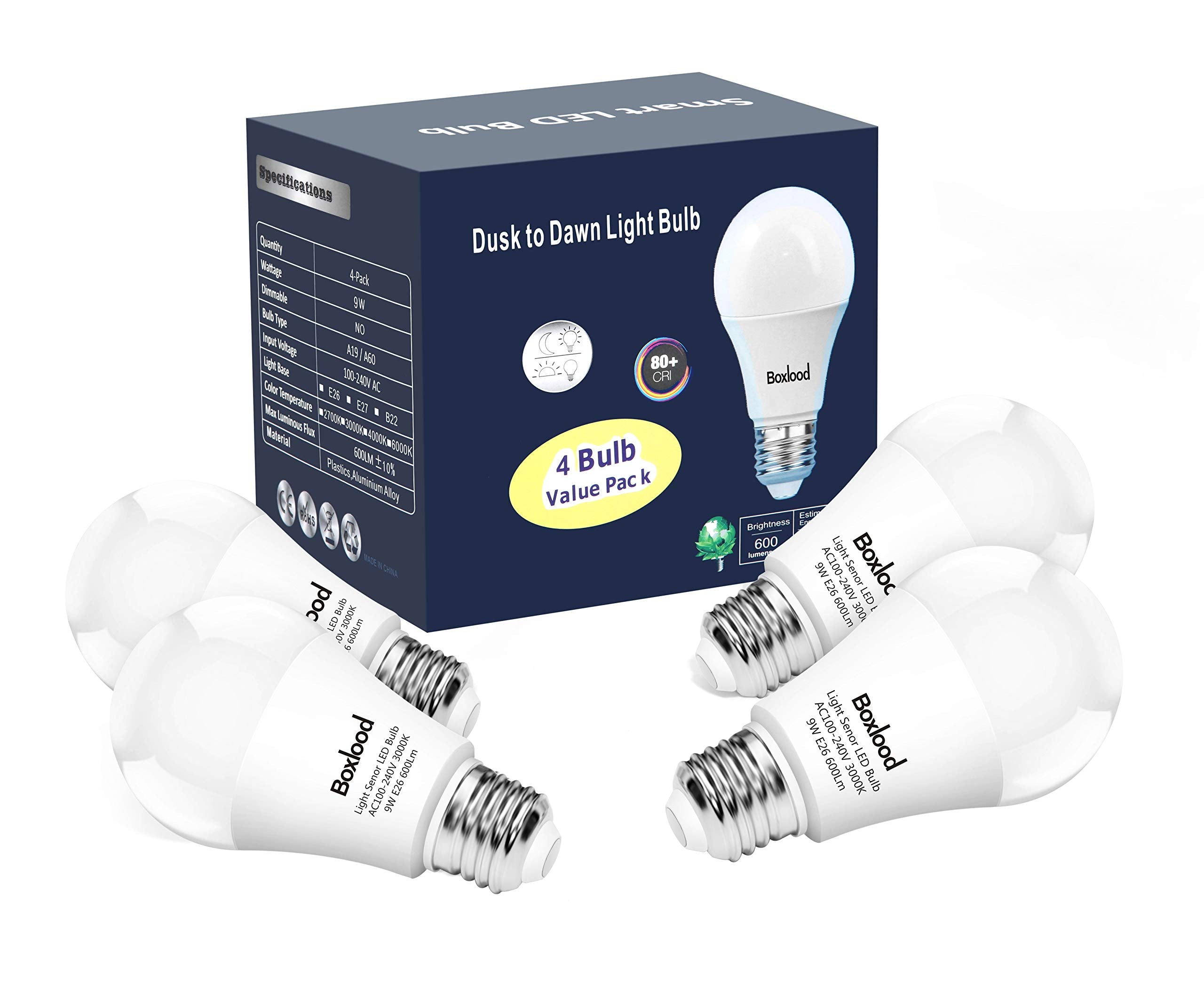 Boxlood Dusk to Dawn Light Bulbs, E26 Base 9W (60W Equivalent), 3000K Warm White, 4 Pack, Indoor/Outdoor, Built-in Photocell
