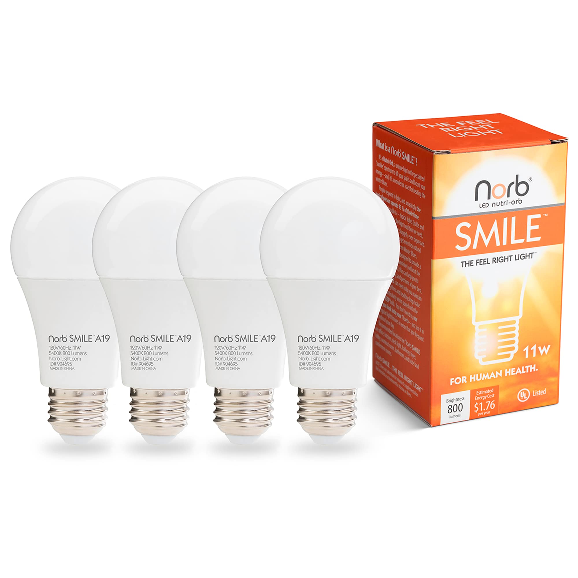 Norb A19 LED Light Bulb, Full-Spectrum, 5000K, 11W, 4-Pack, Plastic