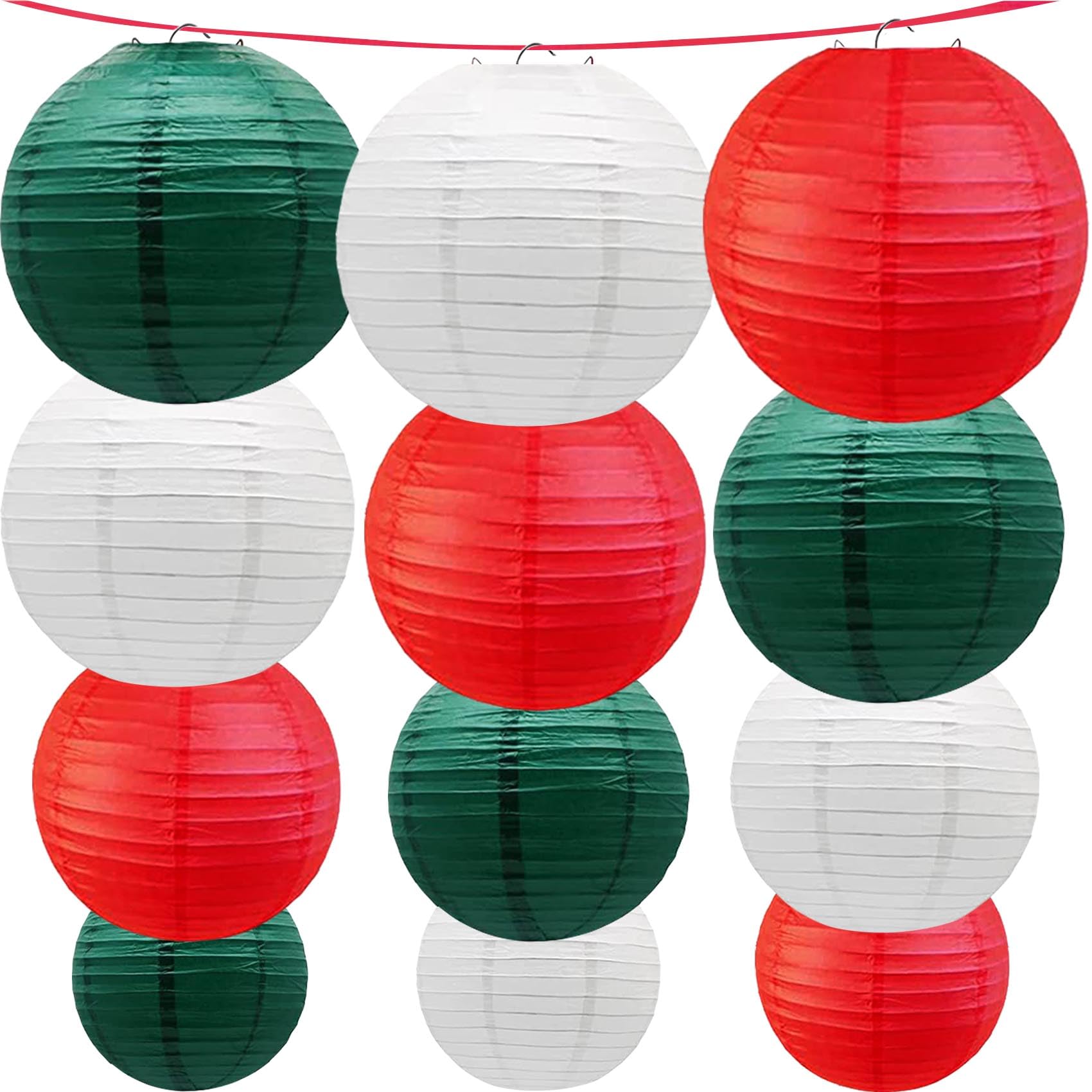 KUNYYI Red -White and Green Paper Lanterns 12Pcs Hanging Lanterns for Christmas Theme, Wedding, Birthday Party, Baby Shower Fest