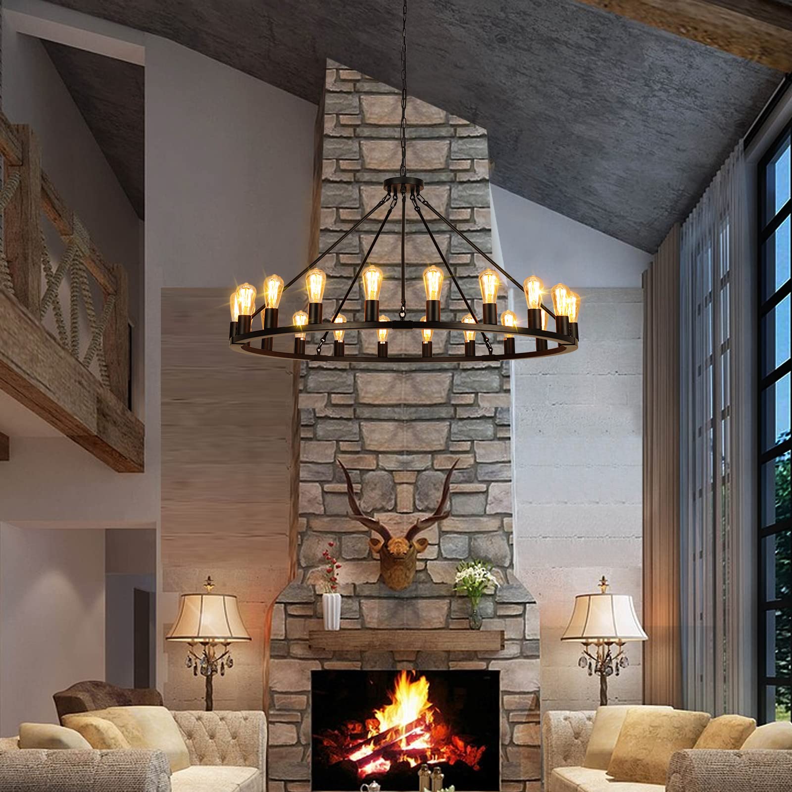 Senyshilon 20-Light Black Wagon Wheel Chandelier, 48&quot; Farmhouse Light Fixture For High Ceilings