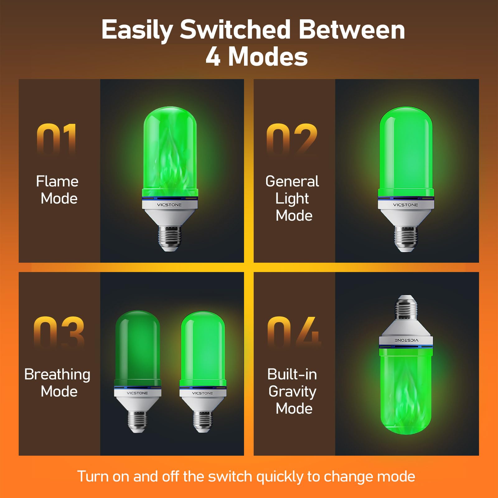 Vicstone Upgraded Led Flame Light Bulbs, 4-Mode Flickering Light Bulbs With Upside Down Effect, E26 Fire Light Bulb For Porch Pa
