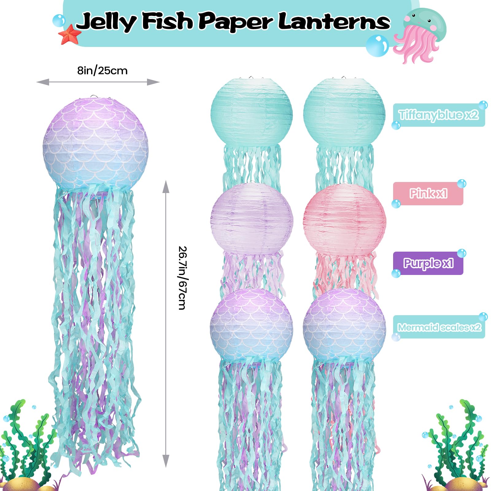 Jellyfish Paper Lanterns 6Pack,8 Inch Mermaid Birthday Decorations Pink Lavender Blue Mermaid Scales With String And Hooks,Hangi