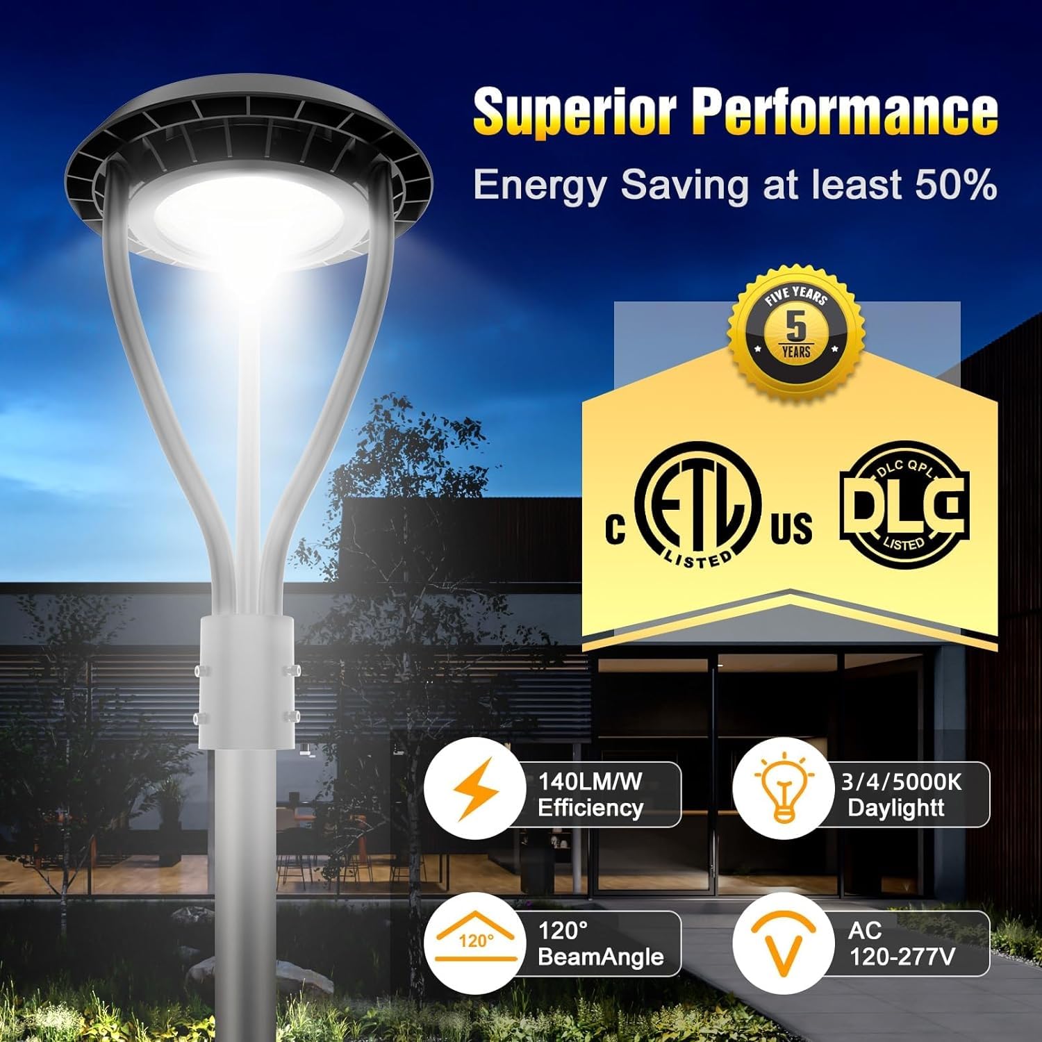 60W Led Post Top Light With Photocell, 60W 48W 36W Adjustable, 8400Lm Adjustable Cct 3000/4000/5000K Outdoor Pole Lights, Ip65 Waterproof Commercial Led Post Light Fixture Area Light Etl Dlc Listed