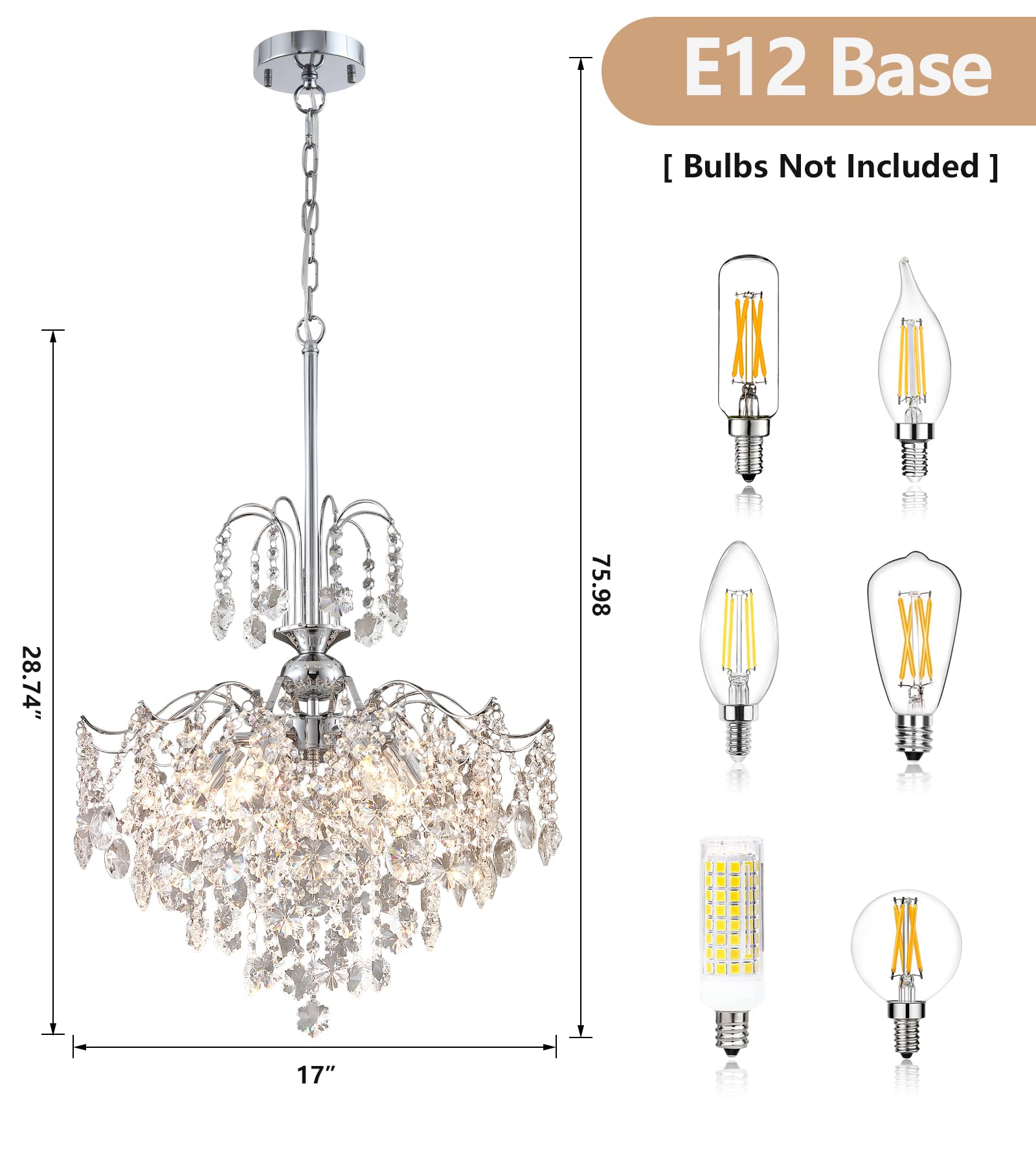 Q&S Modern Crystal Chandelier Pendant Light, 6 Lights, 17 IN, Chrome, Model P2001-6CH, UL Listed for Dining Room, Kitchen, Entryway