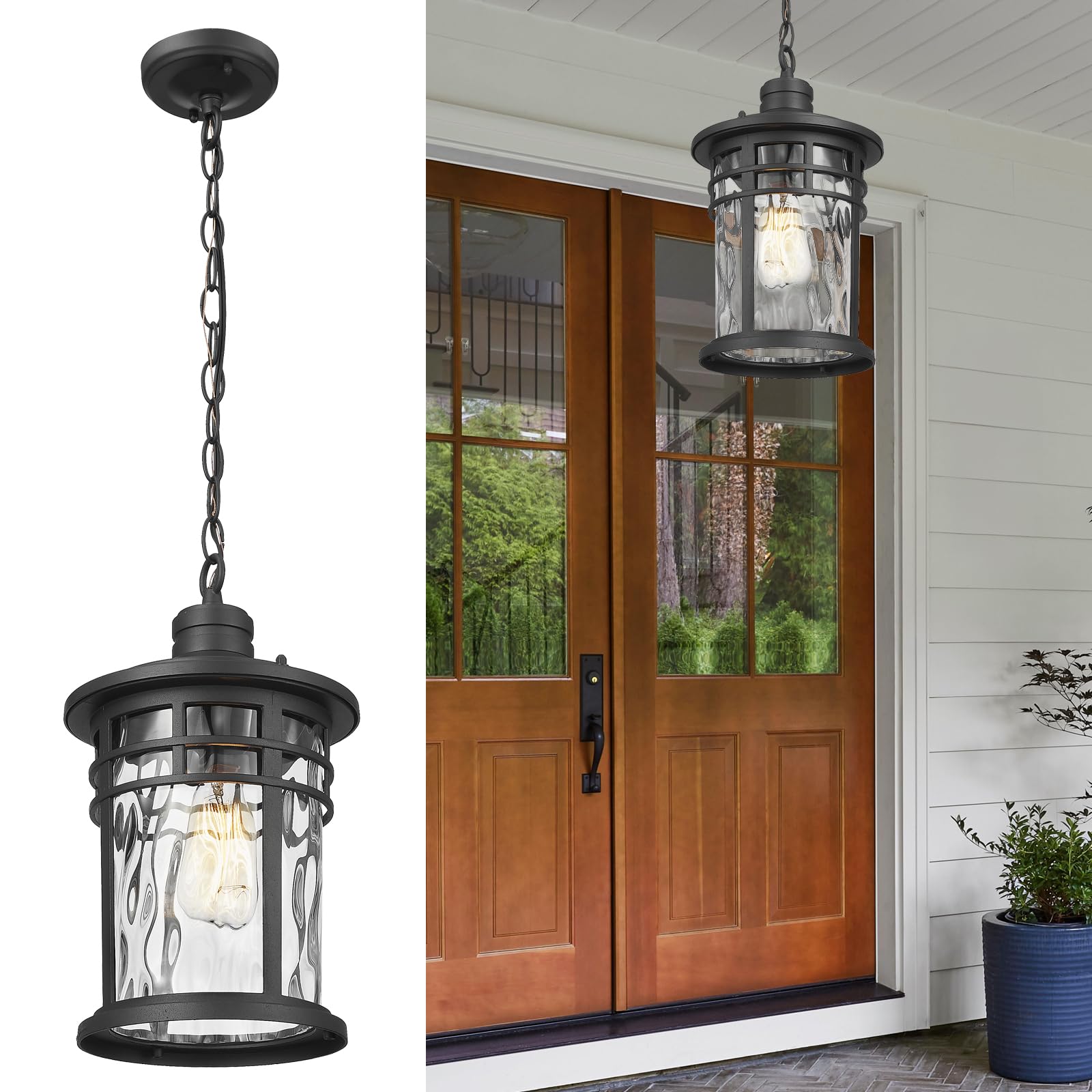 Darkaway Large Outdoor Pendant Light, 15in Aluminum Chandelier with Water Ripple Glass, Ceiling Mount for Porch, Black