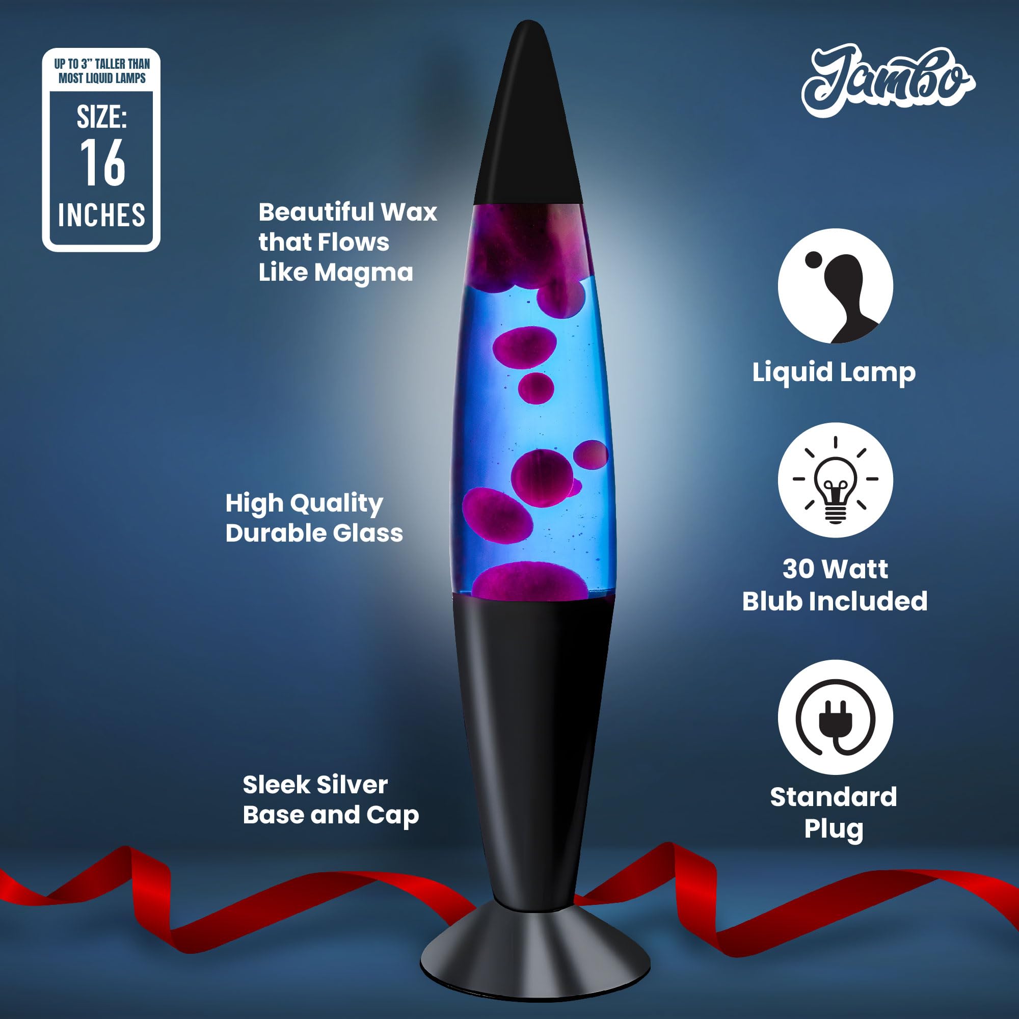 JAMBO 16in Liquid Lamp, Blue with Purple Wax, Aluminum Base, Model 58000, Night Light for Living Room, Office, Bedroom