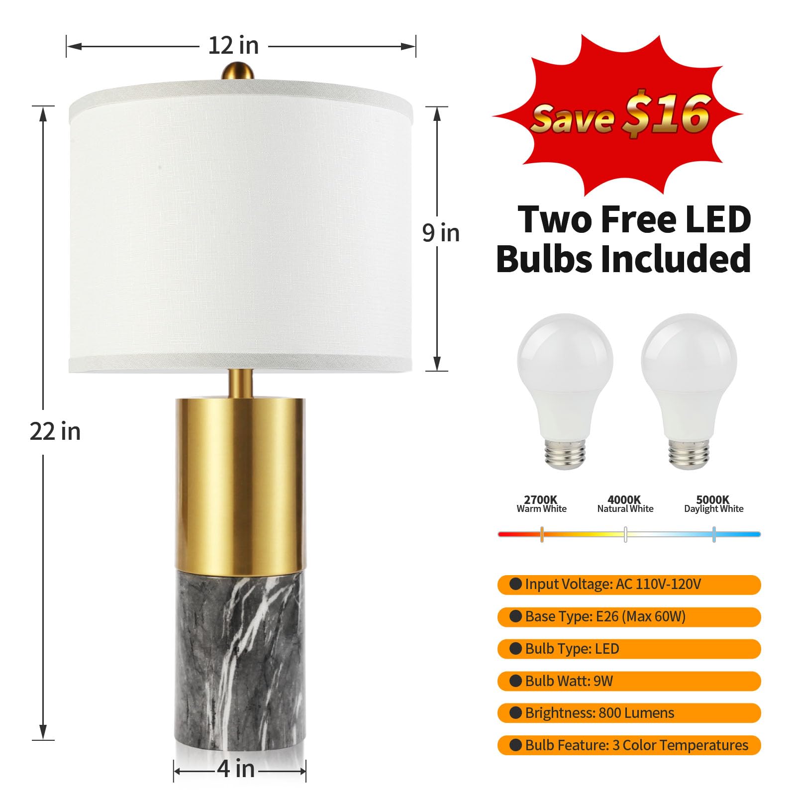 22'' Faux Marble Table Lamps Set Of 2, Modern 3-Color Temperature Table Lamps With Fabric Shades, Contemporary Bedside Nightstan