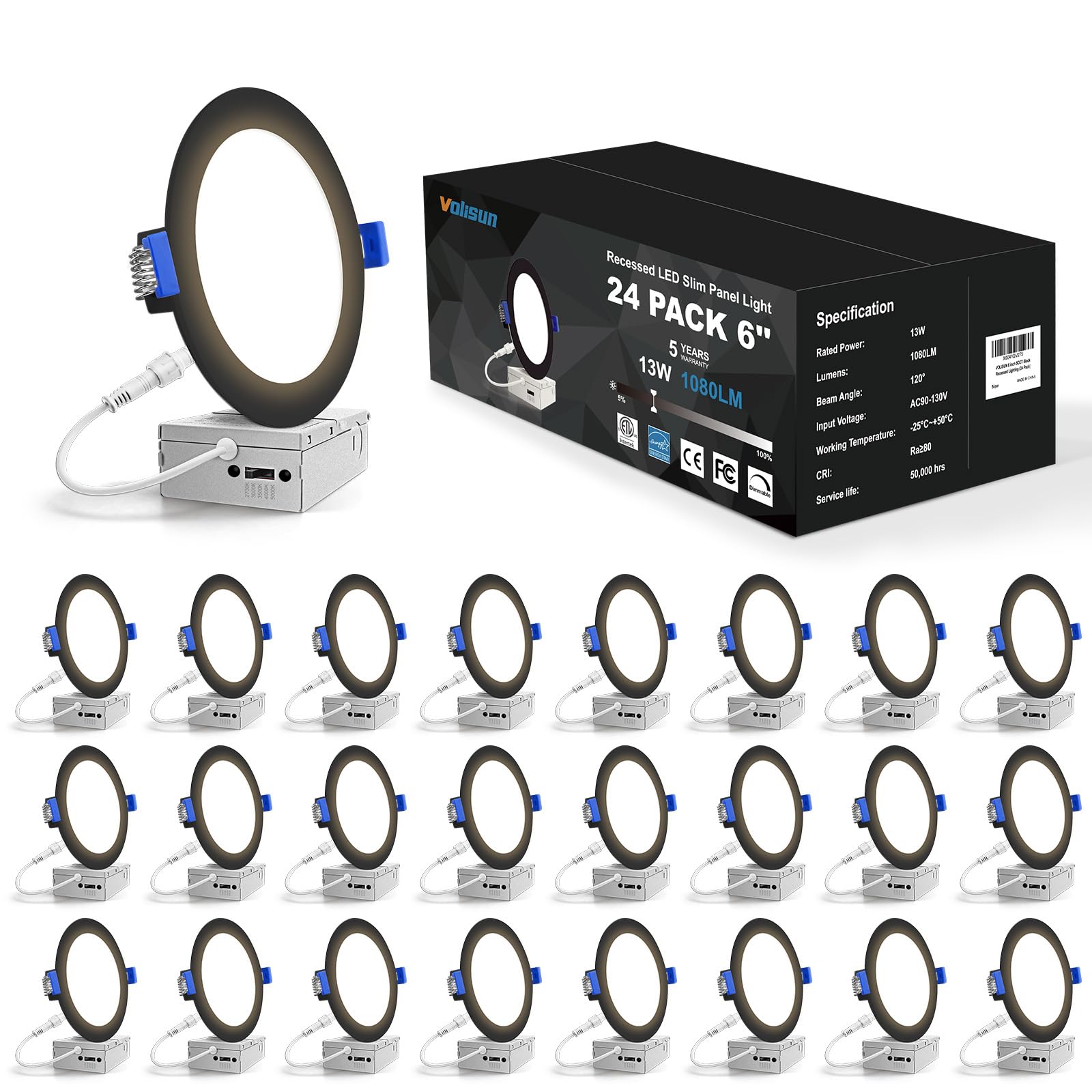 VOLISUN 24 Pack 6 inch Recessed Lighting, 5CCT LED Black Recessed Light, 2700K-5000K Selectable, 13W Eqv 120W, 1080LM Dimmable C