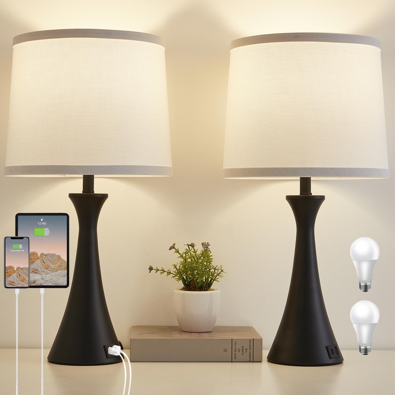 Hikczc Touch Lamp for Living Room Bedroom  21 Table Lamps Set of 2 with USB C+A Ports and White Lamp Shades  Touch Bedside Lamps for Nightstand with 3 Way Dimmable  2 LED Bulbs Included
