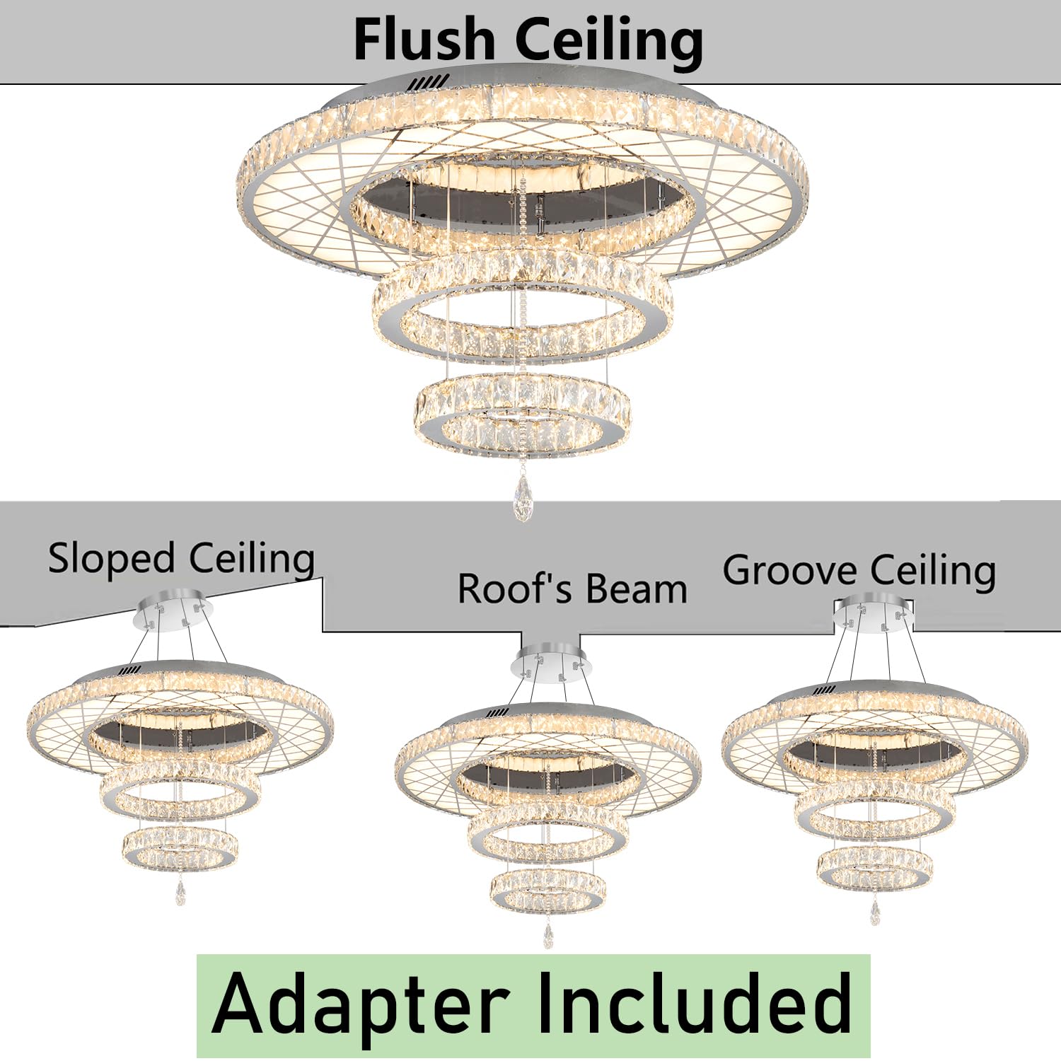 HAIXIANG Crystal Glam Chandelier LED Ceiling Light, Remote Dimmable, 40 Inch, Silver, Model MMQ3831