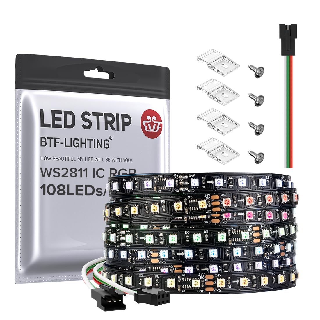 BTF-LIGHTING 2835SMD WS2811 IC RGB Chasing Color LED Band Light 24.6FT DC24V 108LED/m 18Pixels/m 8mm Width Flexible Addressable Band for Bedroom Desk Home Indoor Decor (No Adapter or Controller)