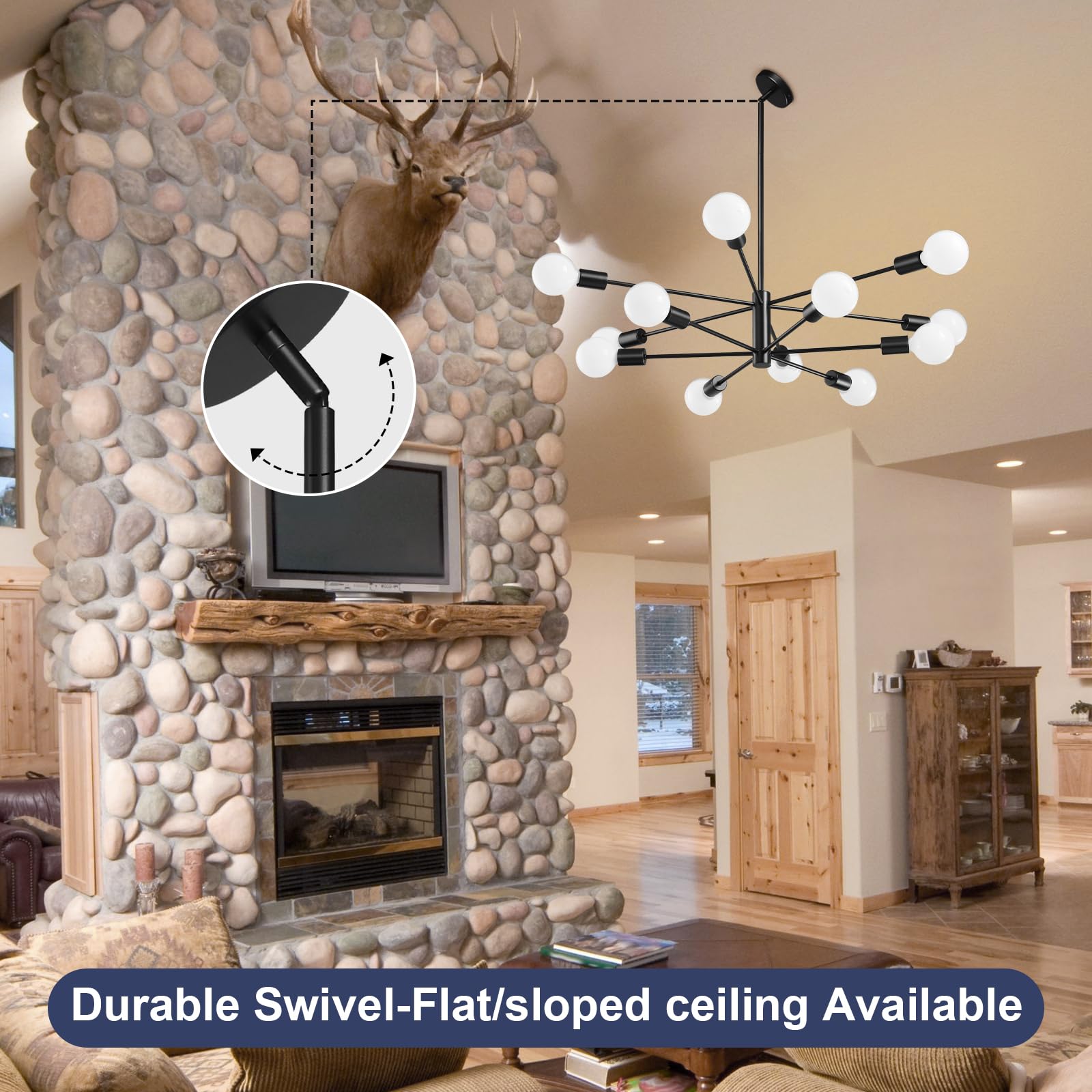 Ruiyey Modern Sputnik Chandeliers Light, 12-Light Black Chandeliers For Dining Room, E26 Height Adjustable Chandelier Ceiling Li