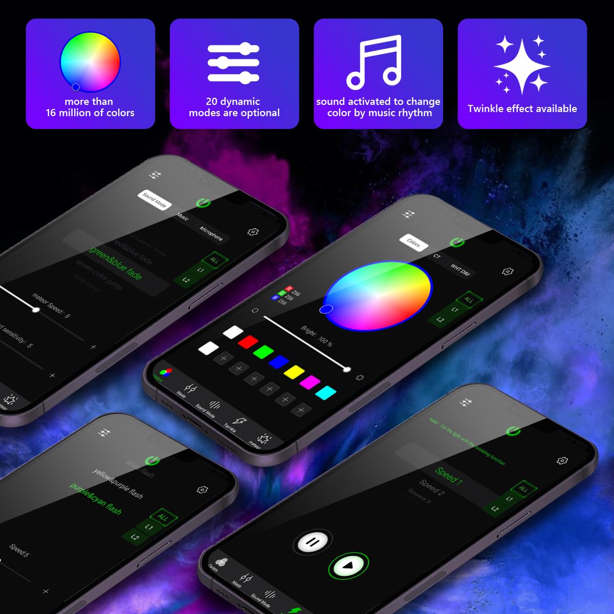 AMKI Dual Color 20W Twinkle Starlight Headliner Kit Mixed 710pcs*13.1ft Cables Fiber Optic Light Sound Activated APP/Remote Cont