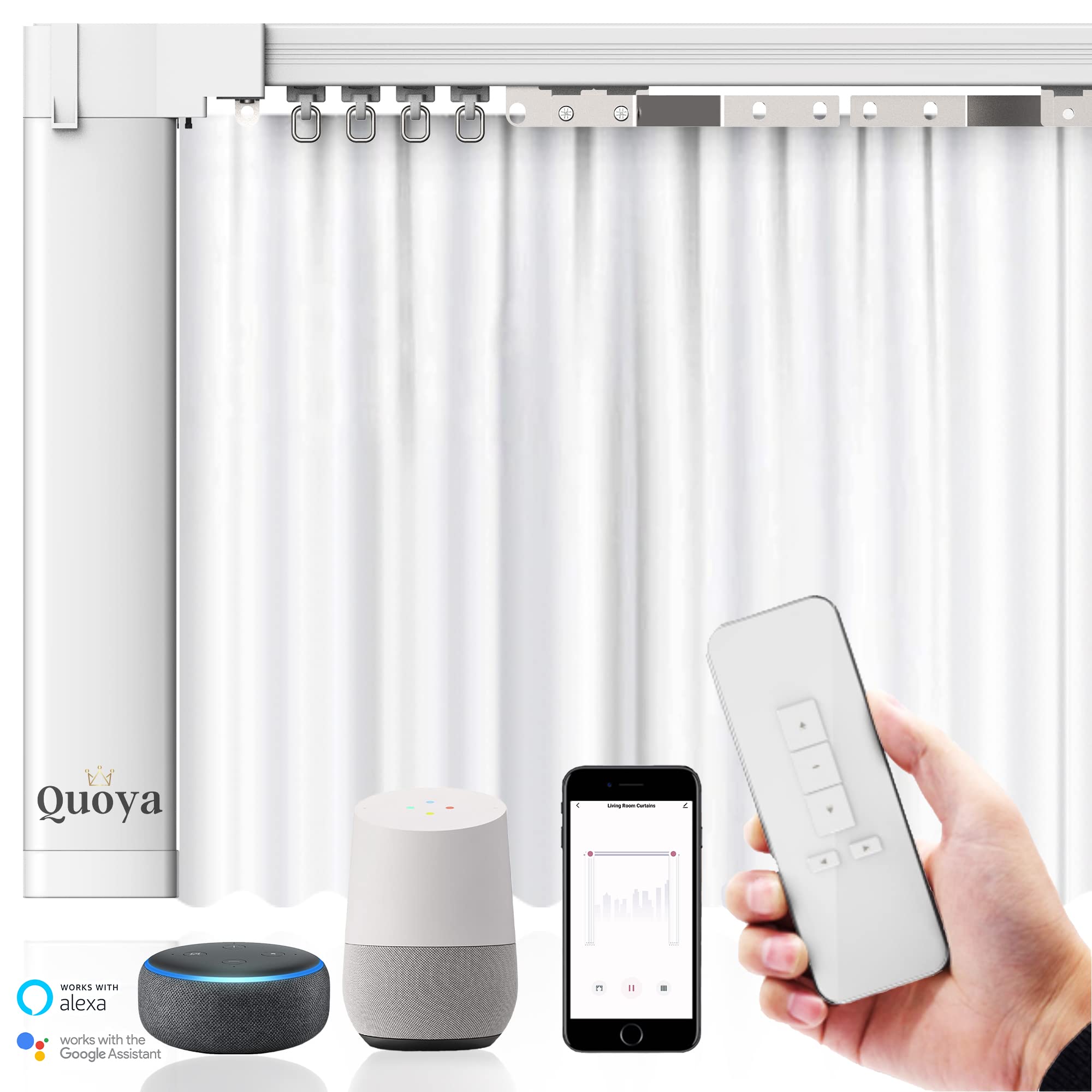 Quoya Smart Electric Curtain Track AT5810?Up to 3m(118in) - Motorised and Adjustable ?, with Automated Rail Motor with App, Voic