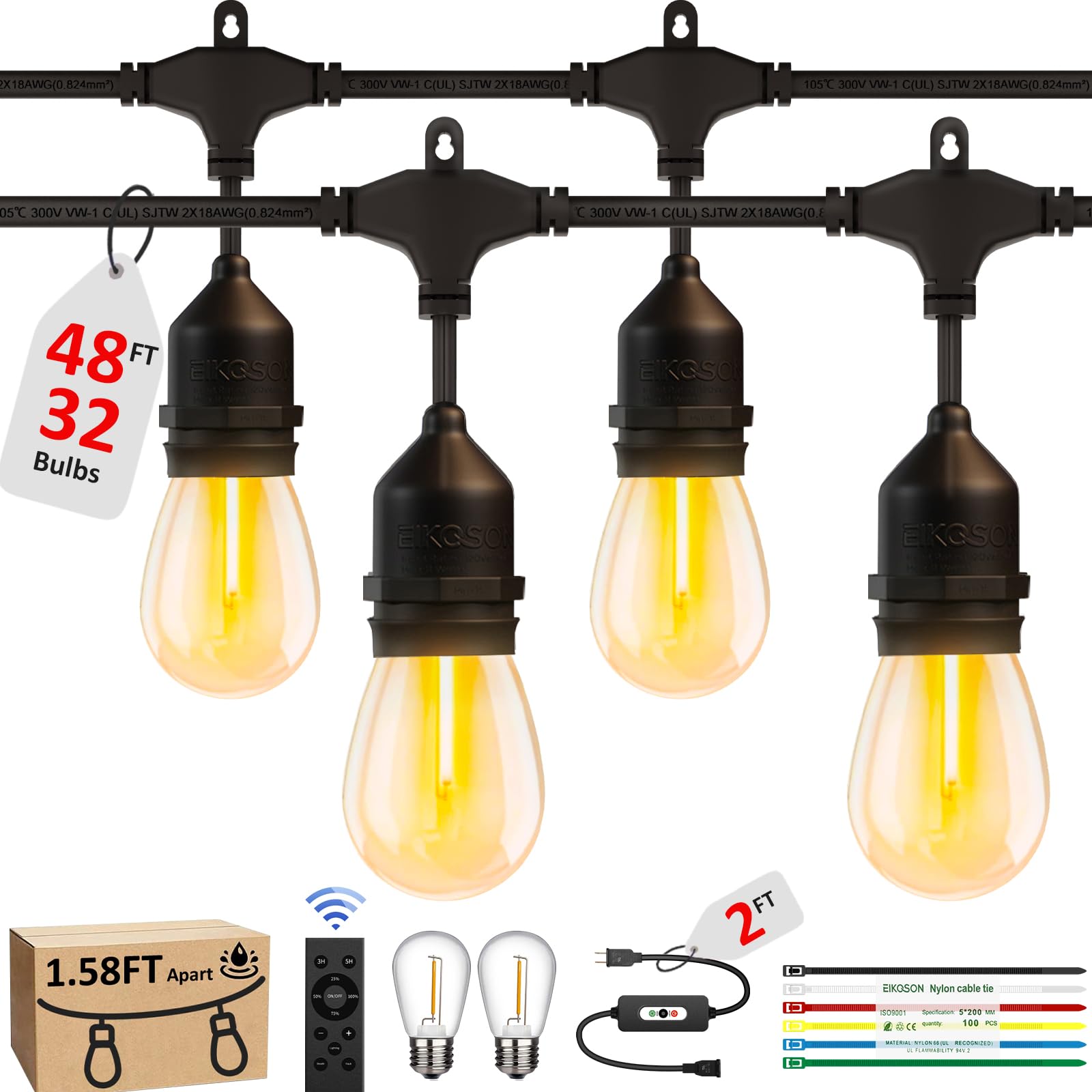 EIKOSON 50FT Outdoor String Lights - Waterproof, 32 Bulbs, Remote & Dimmer, Black, Commercial Grade, Model EIK-48FT-30