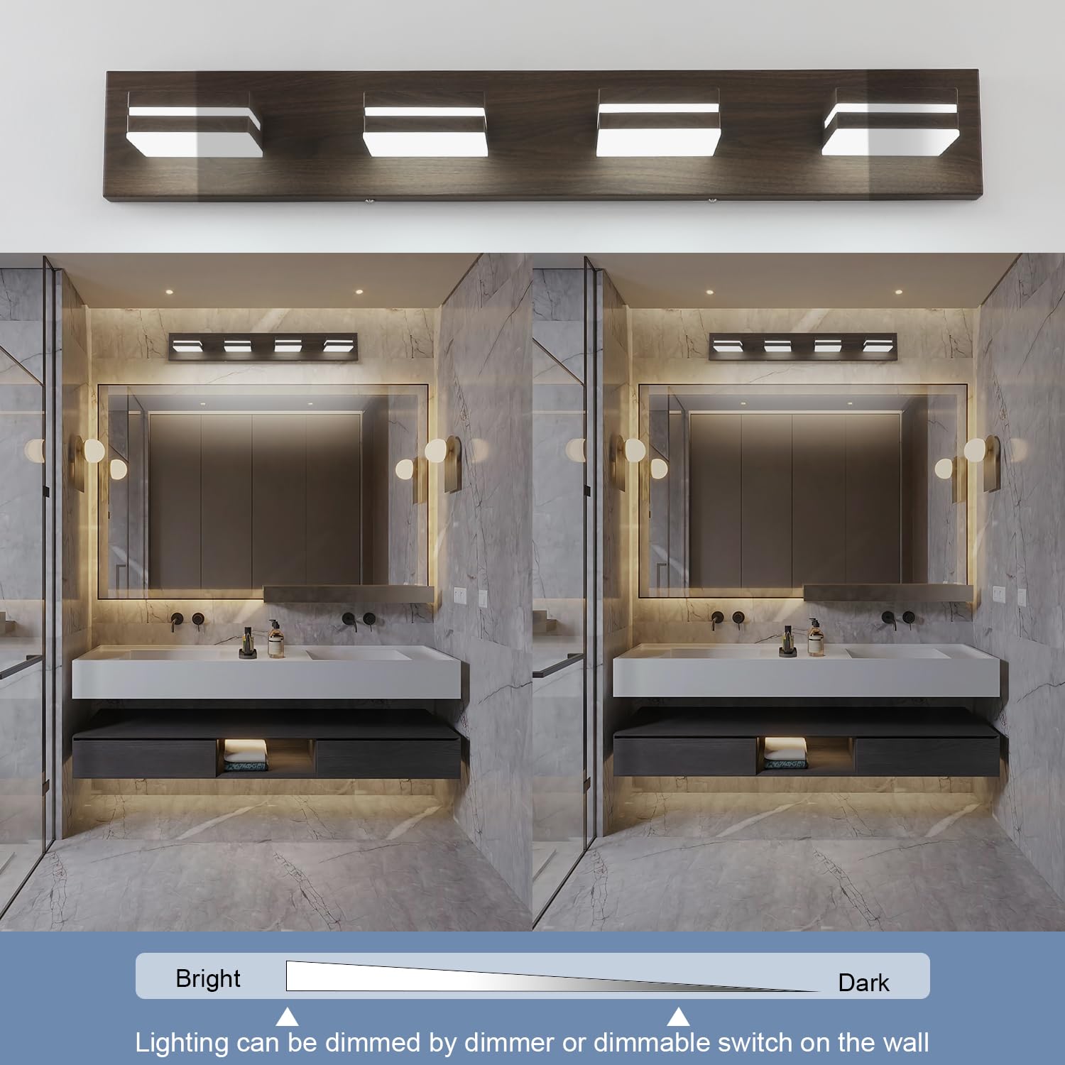 Sinerise Led Modern Bathroom Vanity Light Fixtures (4-Light, 30-Inch, Dimmable), Brown Wood Painted Modern Acrylic Bathroom Wall