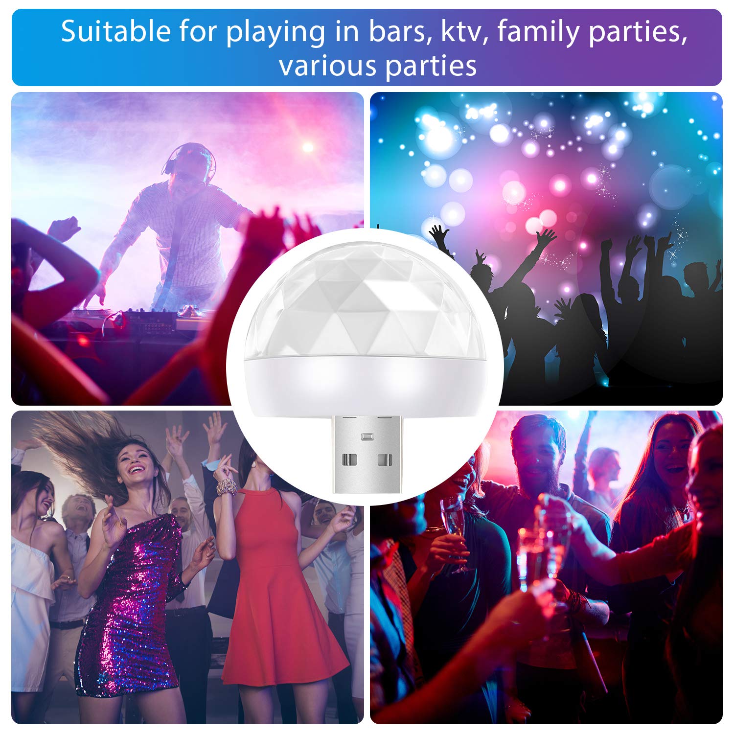 Frienda 8 Pcs Usb Mini Disco Light 1.58X1.58 Inch Sound Activated Halloween Dj Disco Ball Stage Lights Multi Colors Led Car Atmo