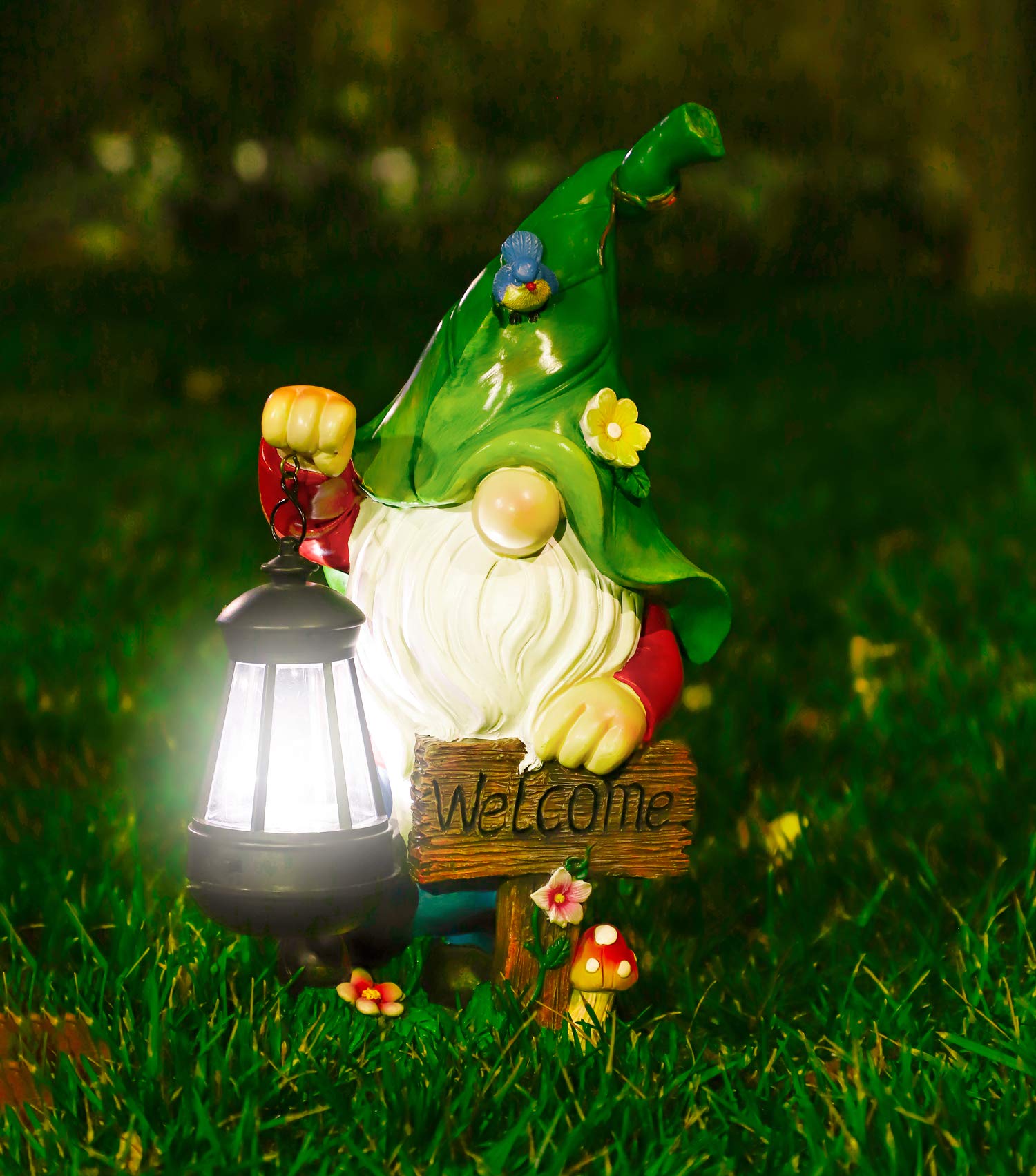Wogoon Solar Garden Gnome Statue With Lantern & Welcome Sign, Outdoor Yard Art Decor