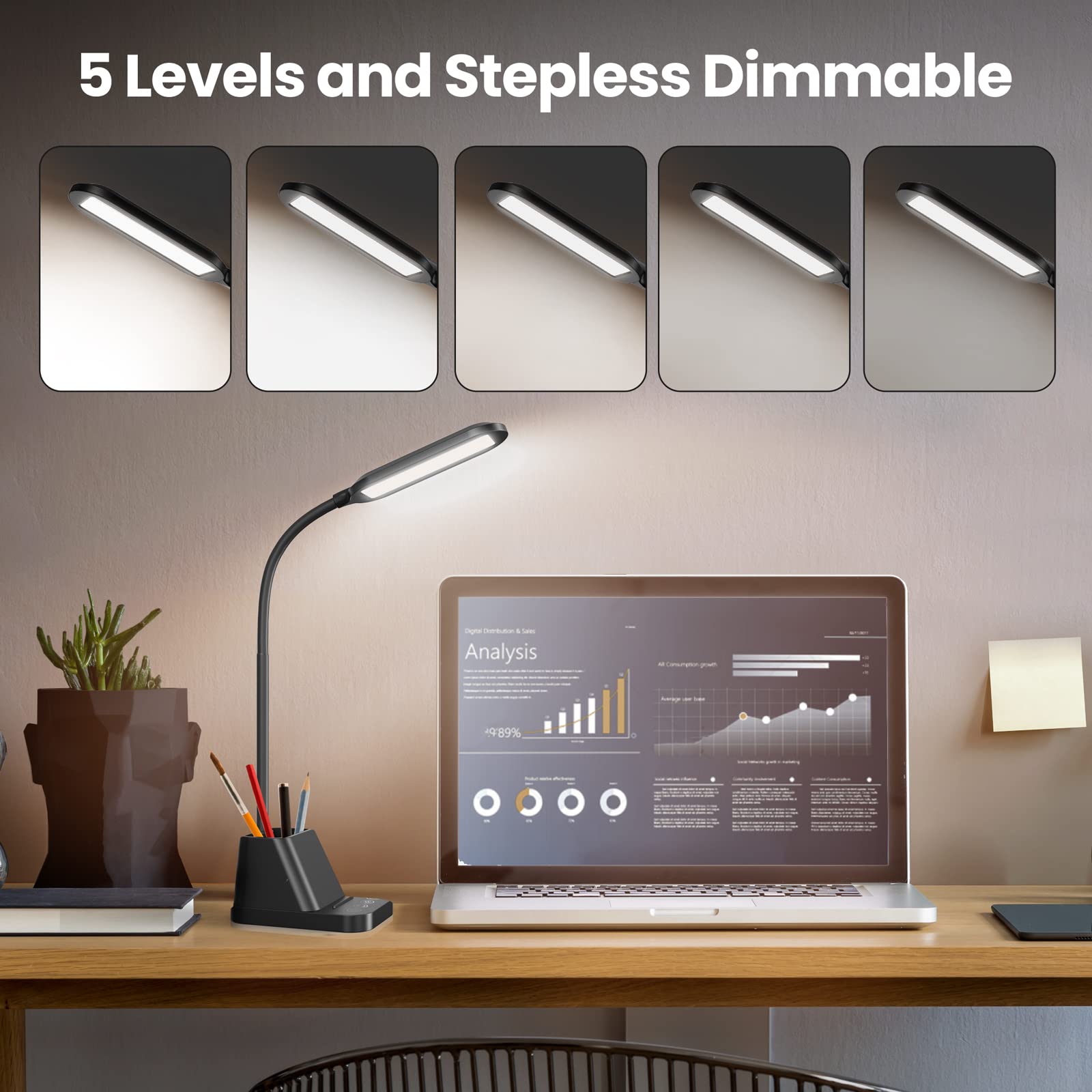 Led Desk Lamp With Usb Charging Port, Small Desk Lamps For Home Office, Axx Desk Light For Bedrooms, Black Office Lamp For Small