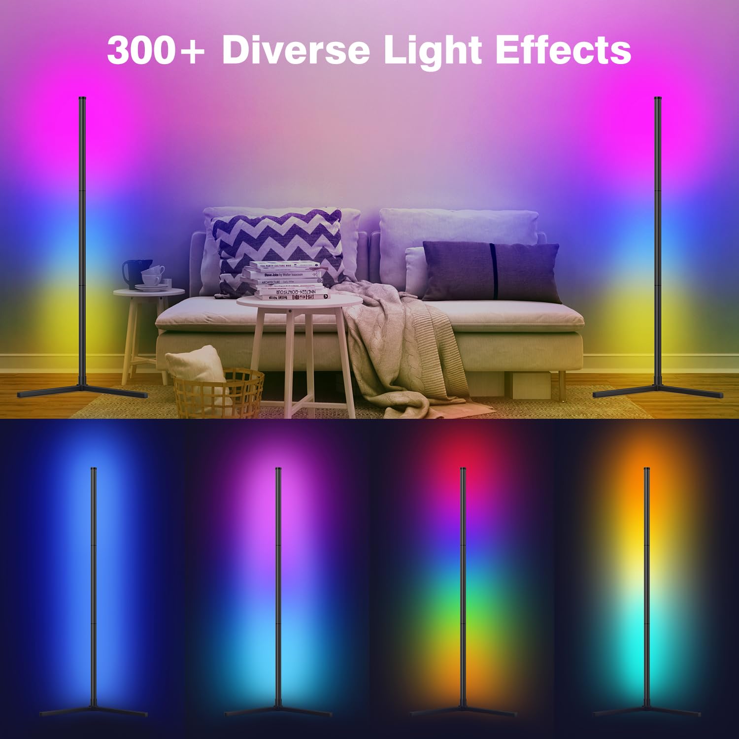 RIYO LED Corner Floor Lamp - RGB Color Changing, Music Sync, Remote Control, Model FL2000-US, Black