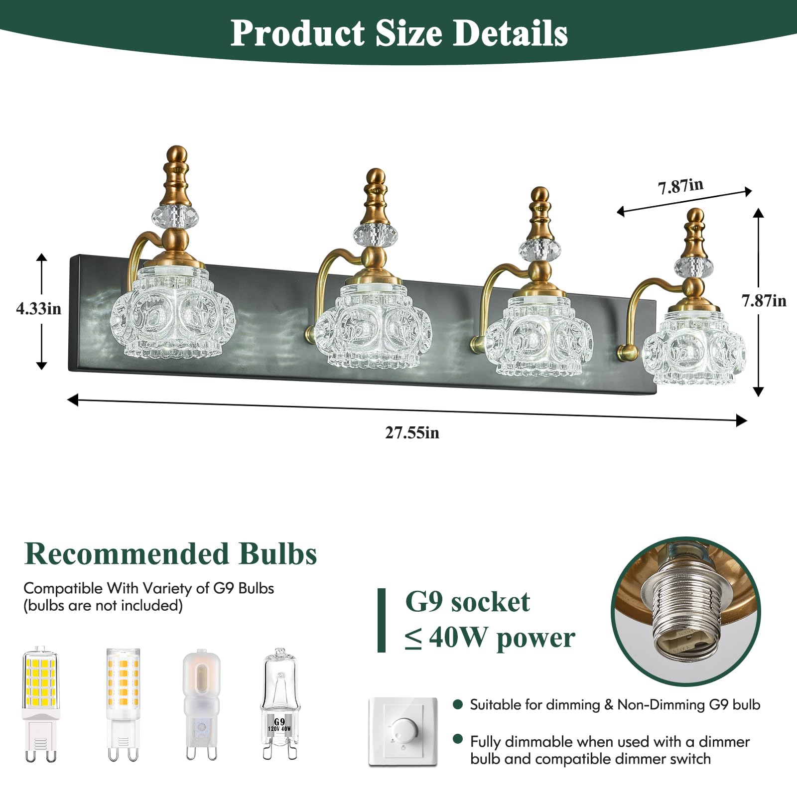 LBSQJ 4-Light Bathroom Vanity Light Fixture, Modern Glass Crystal, Black Gold, Model 493, Over Mirror Lighting