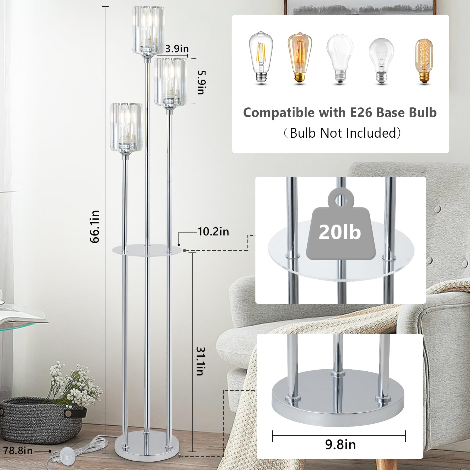 HMVPL Modern Crystal Floor Lamp with Shelves, 3-Lights, 66" Silver, Chrome - Stylish Corner Lighting for Living Room & Office