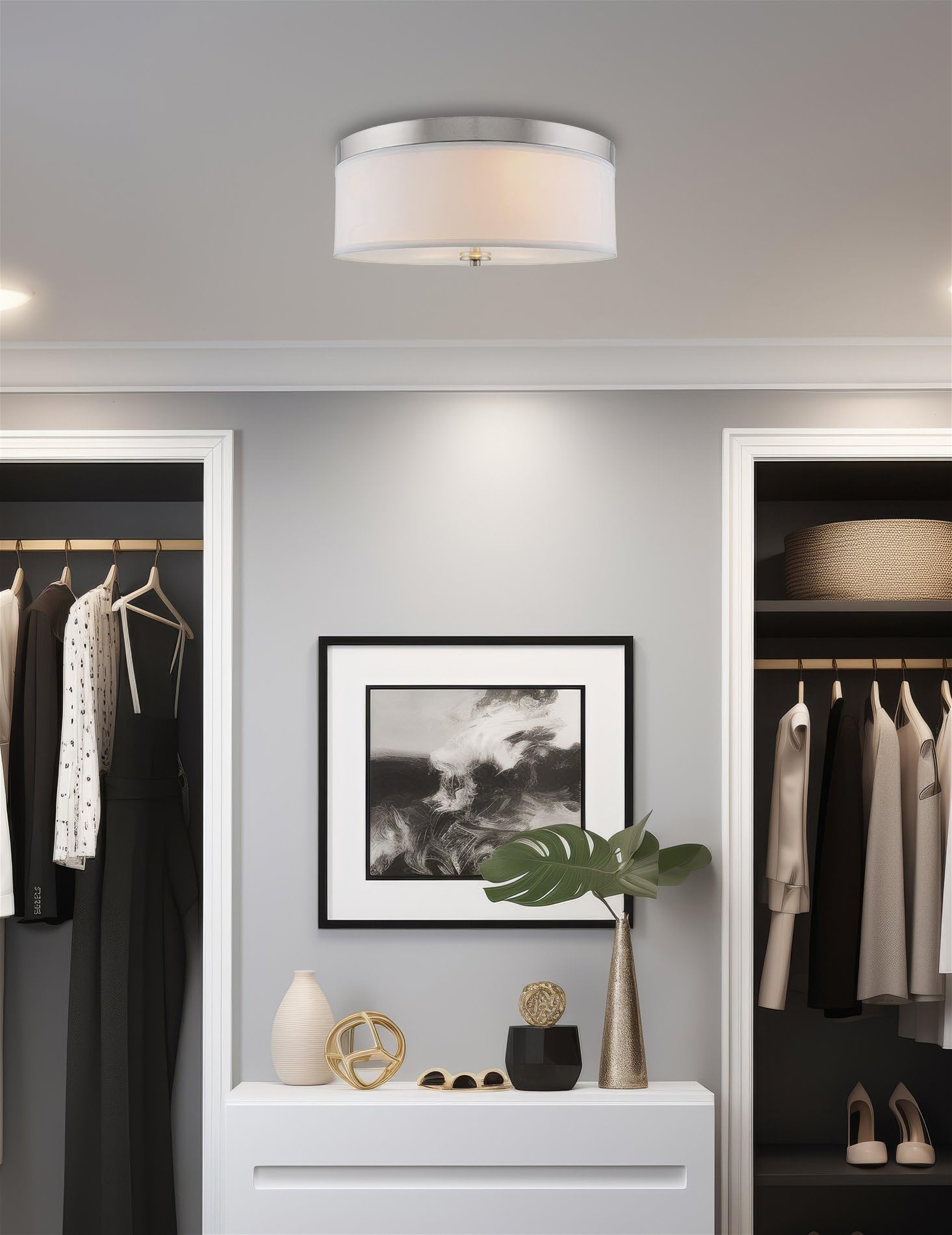 Kira Home Walker 15'' Mid-Century Modern 3-Light Flush Mount Ceiling Light, White Fabric Shade + Round Glass Diffuser, Brushed N