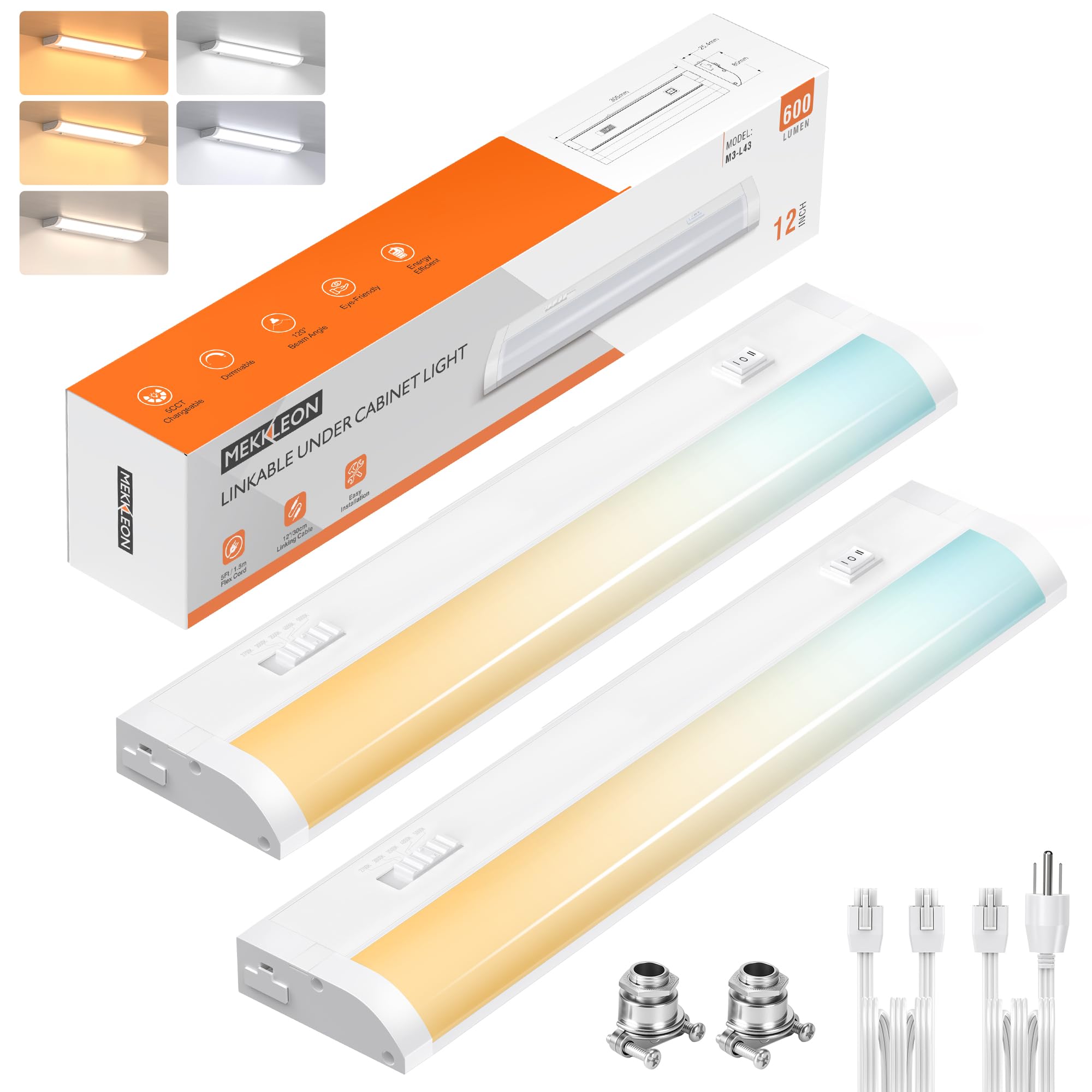 12inch Linkable Under Cabinet Lighting Hardwired Plug-in  Wired led Under Cabinet Lights with 5 CCT (2700/3000/3500/4000/5000) & Dimmable  Under Counter Lights for Kitchen  6W  600LM  2 Pack