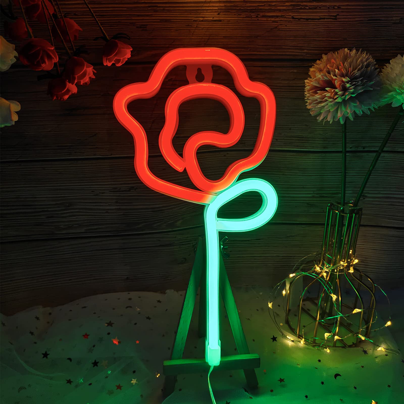 ENUOLI Neon LED Sign - Red Rose Flower Art Wall Decor, USB/Battery Operated, Great for Bedroom, Party, Wedding, Model nNH.G053R+GG