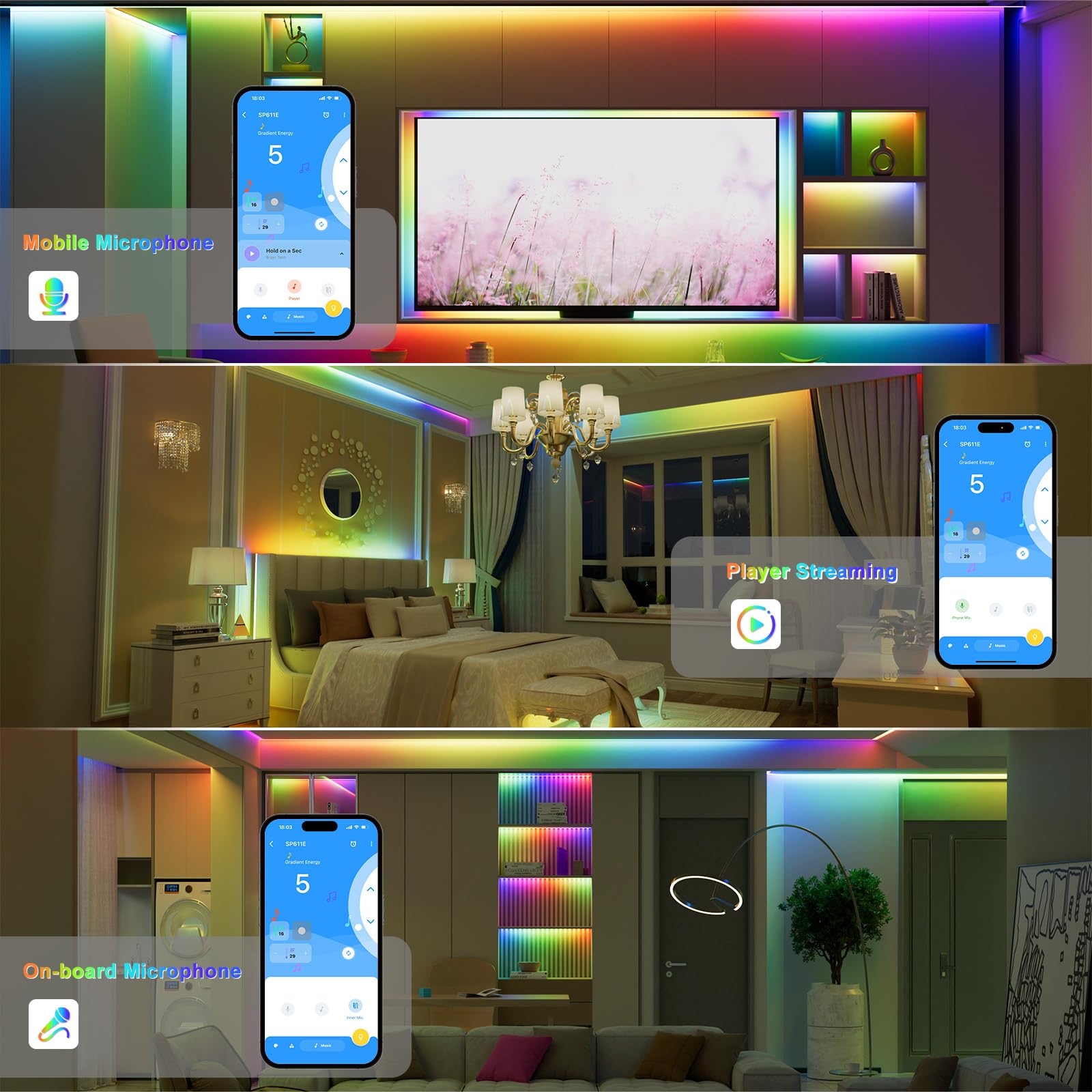 Pautix Rgb Smart Ic Cob Led Strip Light 16.4Ft, App Control, Music Mode, Ul-Listed, Multicolor