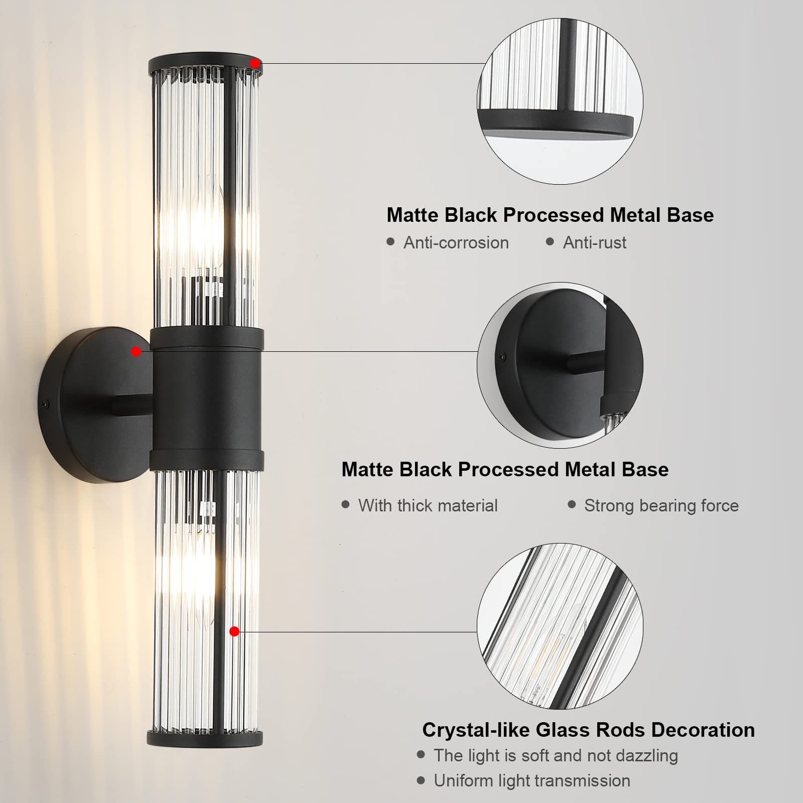 ECOBRT 2-Light Matte Black Bathroom Vanity Light - Modern Metal Wall Fixture with Glass Rods for Mirror, Bedroom, Hallway - Model 1630-BK