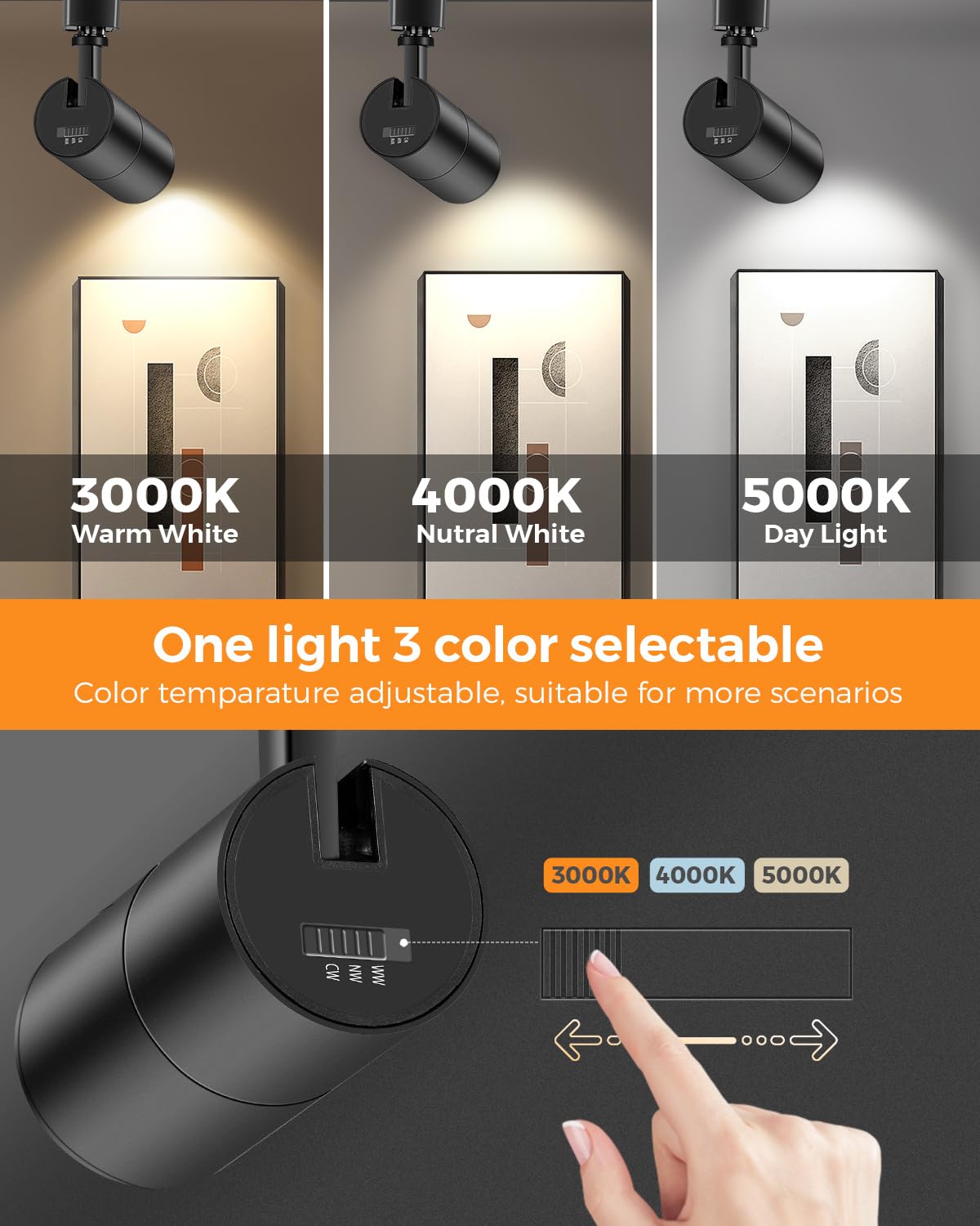 Vanoopee 10W Dimmable Led Track Lighting Heads, 3000K-5000K, Black, 6