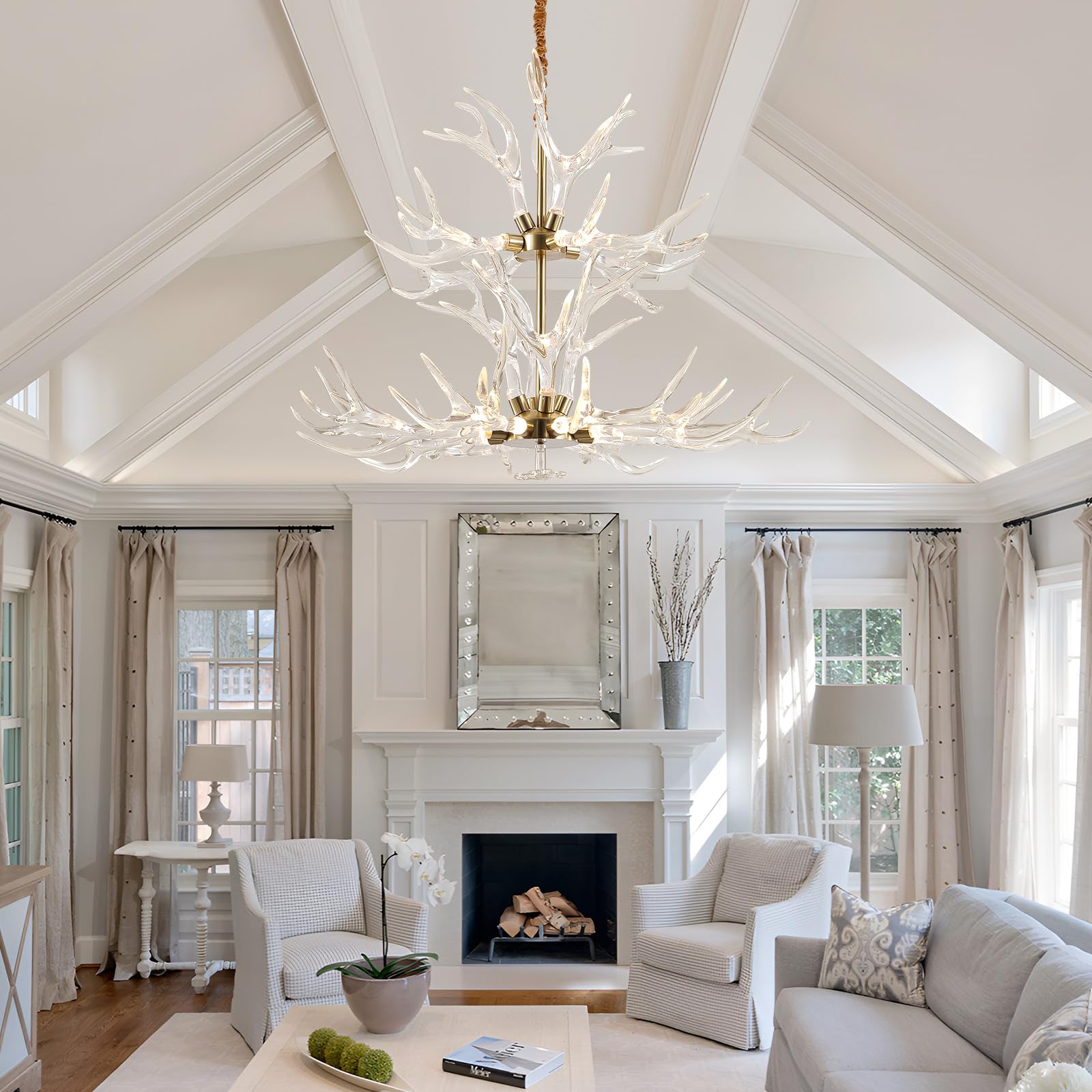 RinkBik Acrylic Antler Chandelier Ceiling Light Fixtures, Deer Antler Chandelier Lighting, Resin Antlers Pendant Light for Dinin