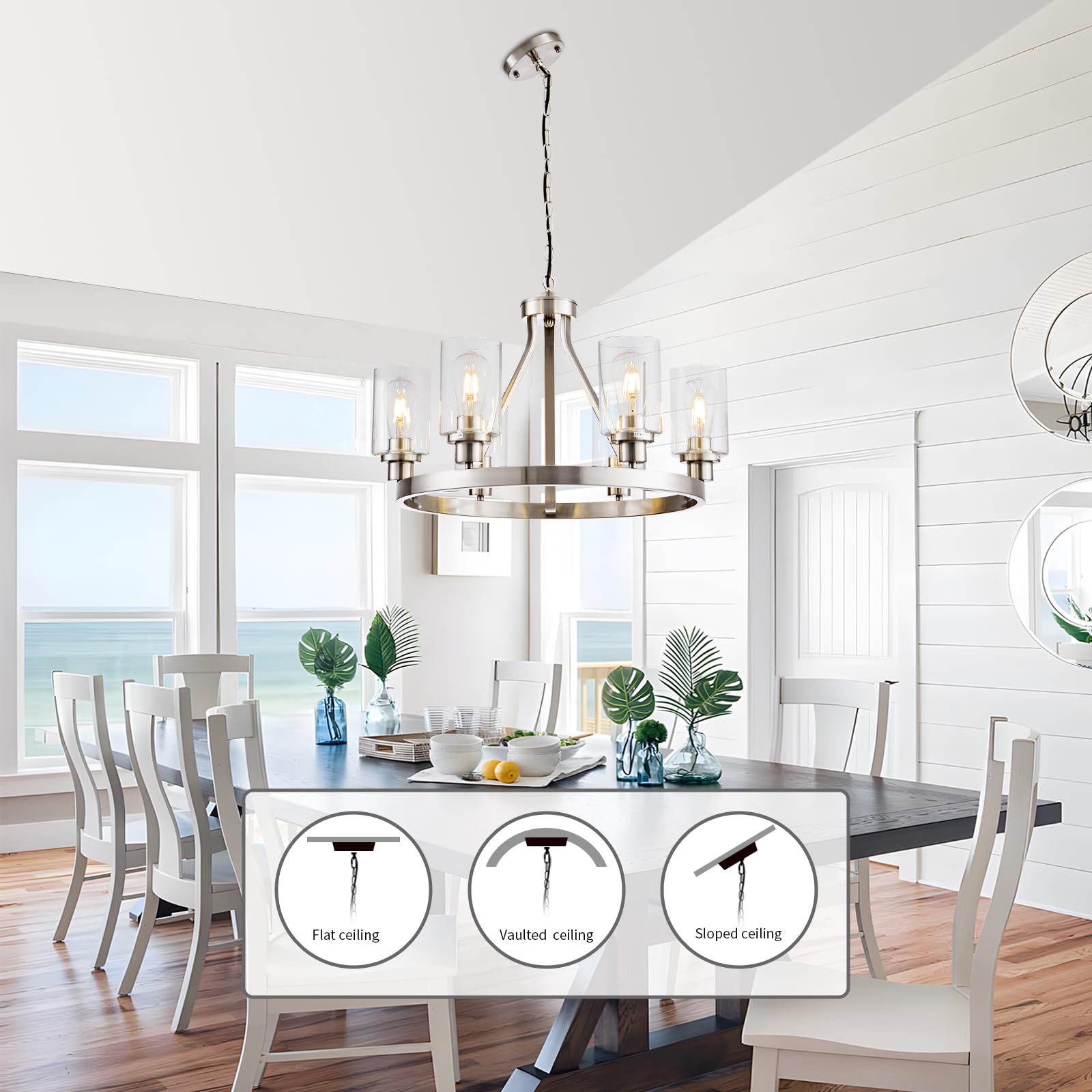 Hccz 6-Light Brushed Nickel Wagon Wheel Chandelier With Glass Shade For Dining Room & Living Room