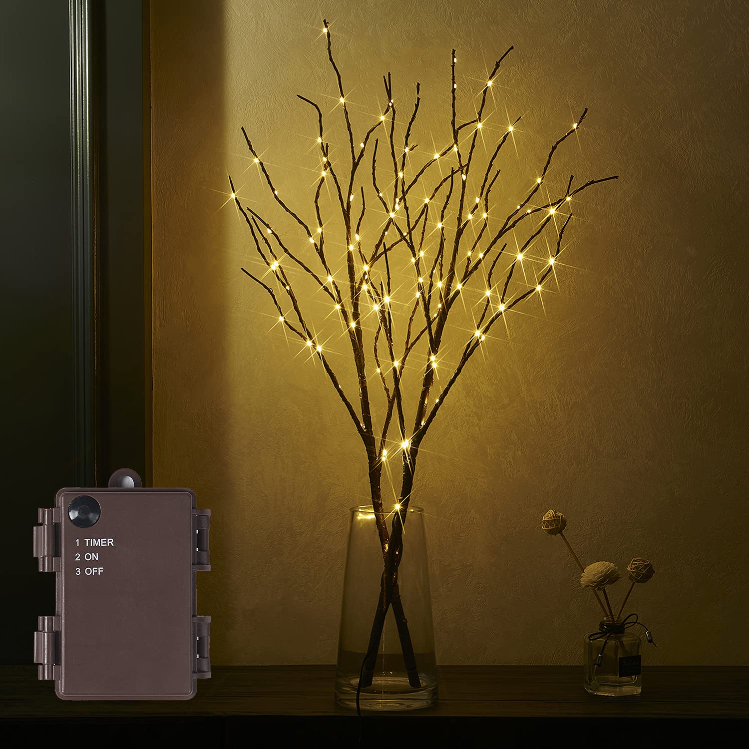 Fudios Battery Operated Branch Lights with Timer, 100 LED, 32IN, Brown, 2 Sets for Indoor Outdoor Decor