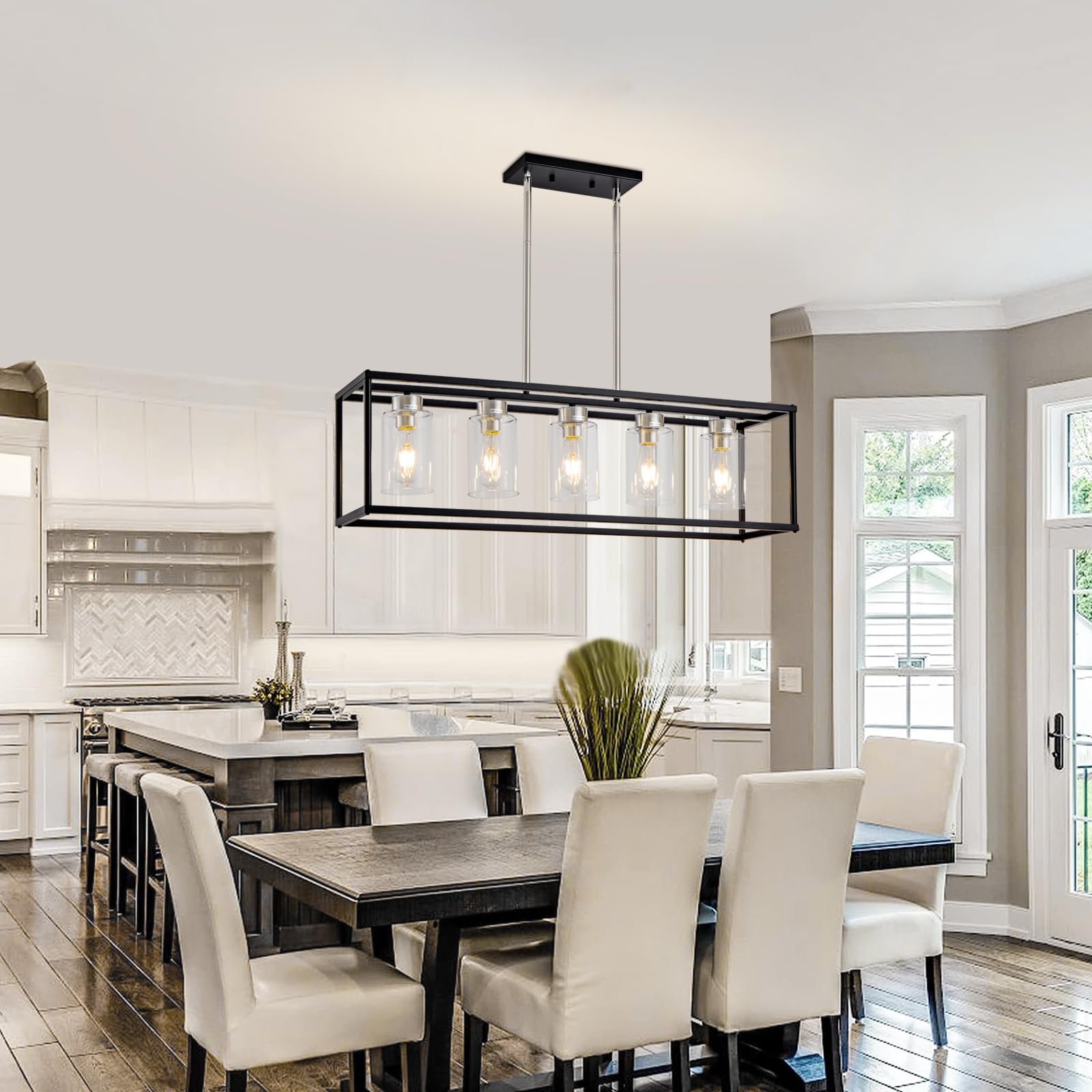 Hccz 5-Light Modern Farmhouse Chandelier, Black & Brushed Nickel Pendant Light For Dining Room