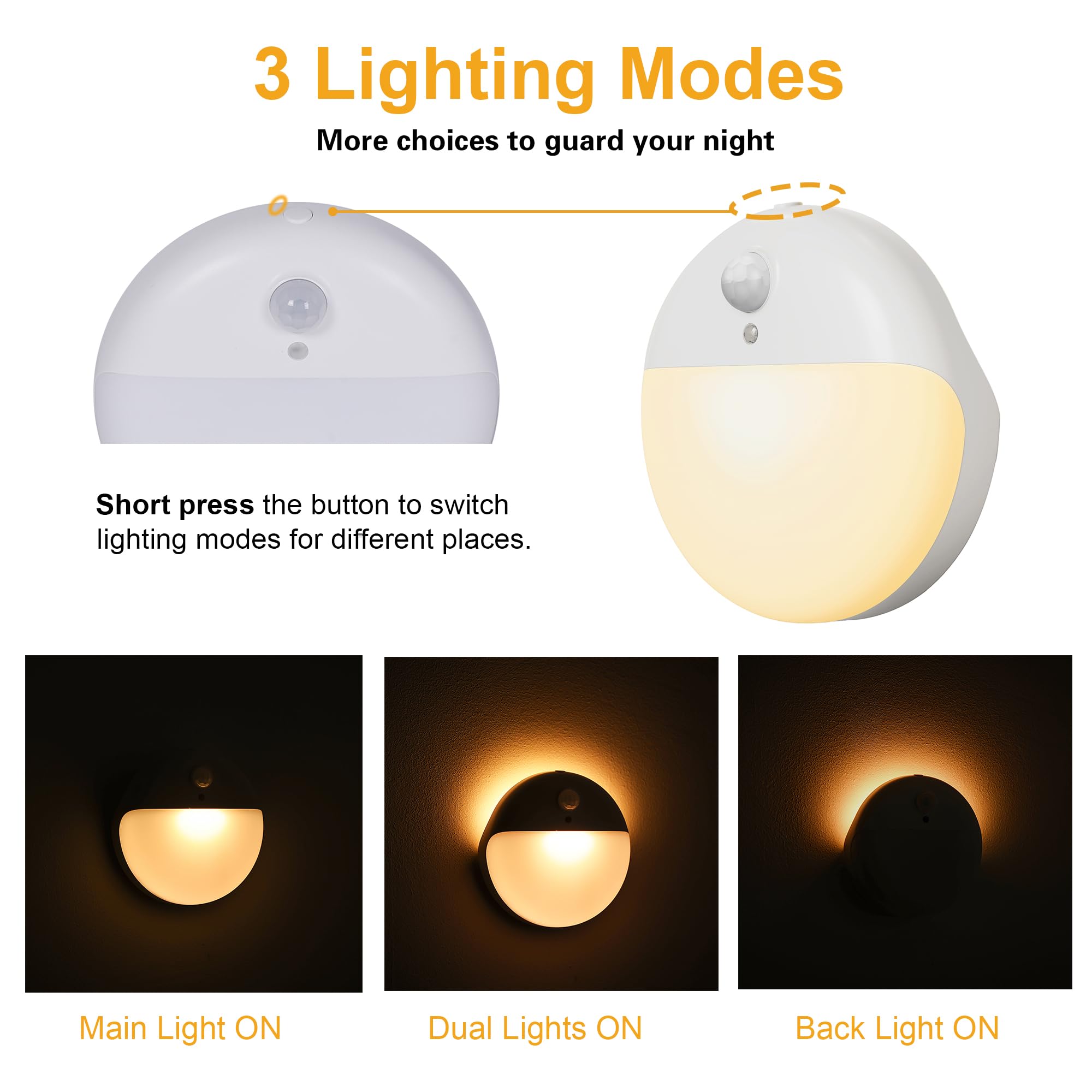 Yunlex 2 Pack Stair Lights Indoor, Stick On Lights, Motion Sensor Night Light, 3 Lighting Modes, Portable Battery Powered, Dimma