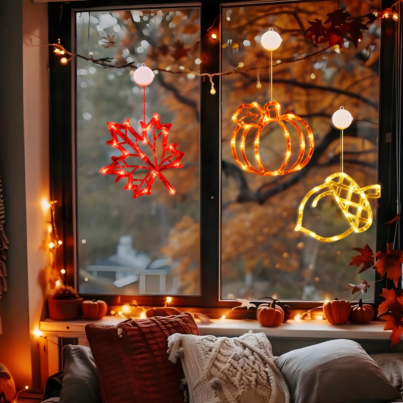Lolstar Fall Decor Window Lights 2025 Thanksgiving Decorations Acorn Maple Leaves Pumpkin Led Lights With Suction Cups Battery Operated(unique design) Slow Fade Mode Timer Autumn Decorations For Home
