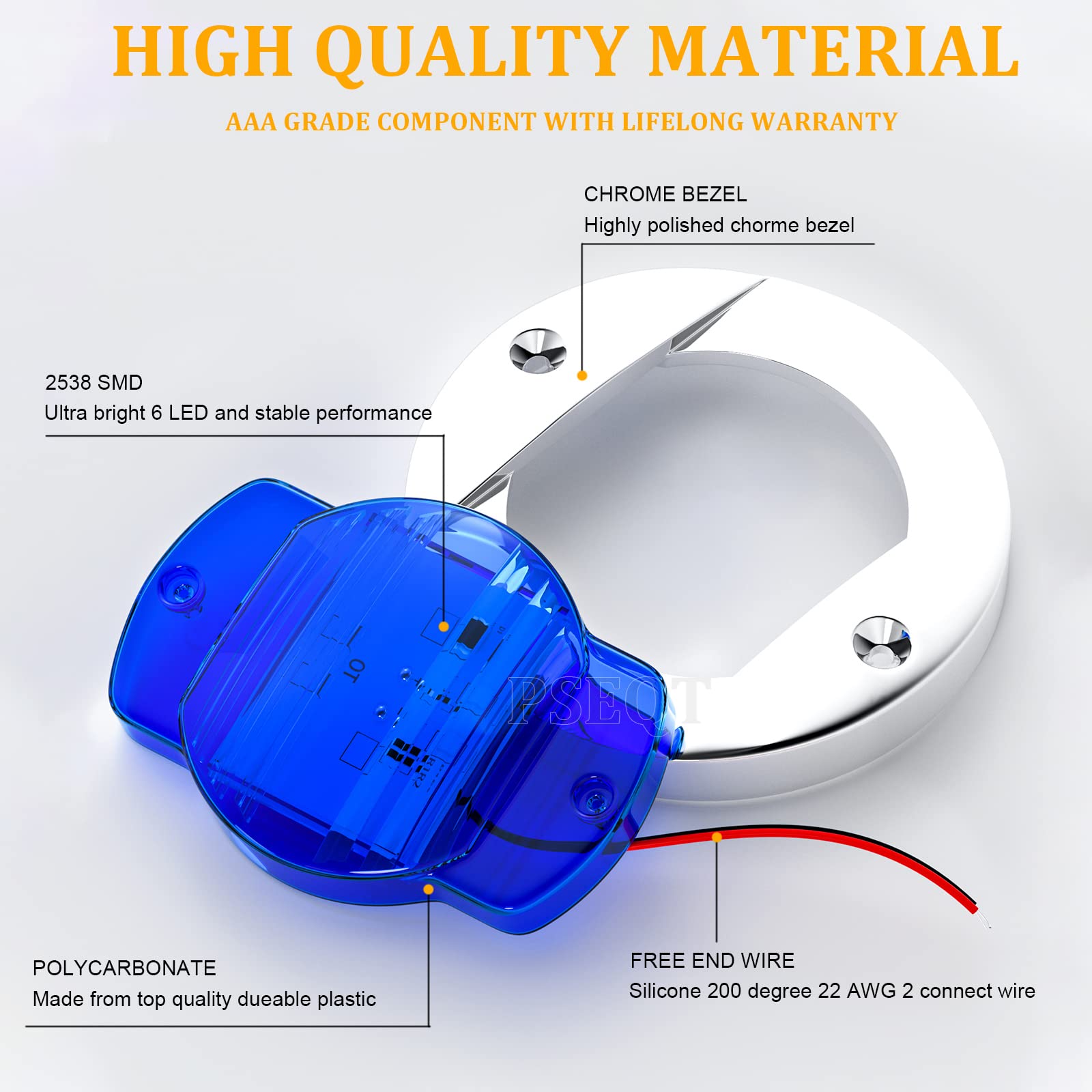 PSEQT 4pc LED Boat Deck Lights - Waterproof 12V, 3in Blue Lens, Chrome Plastic, Model PSEQTSE12BB